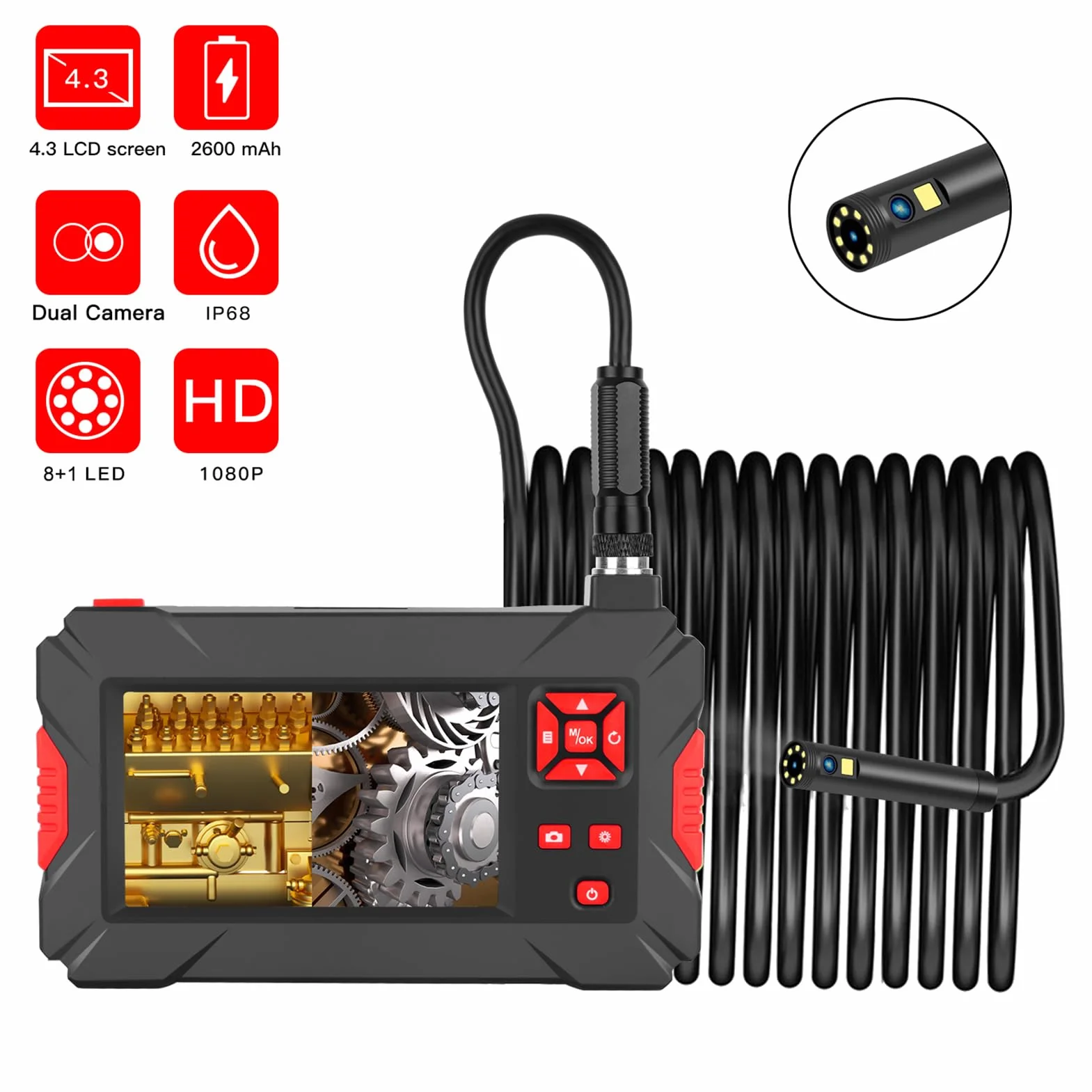 Shkalacar Przemysłowa kamera endoskopowa inspekcyjna z 8 mm wodoodporną podwójną kamerą IP68, wyświetlacz LCD 4,3", 8 + 1 diod LED, przewód stały 5 m, do rurociągów przemysłowych