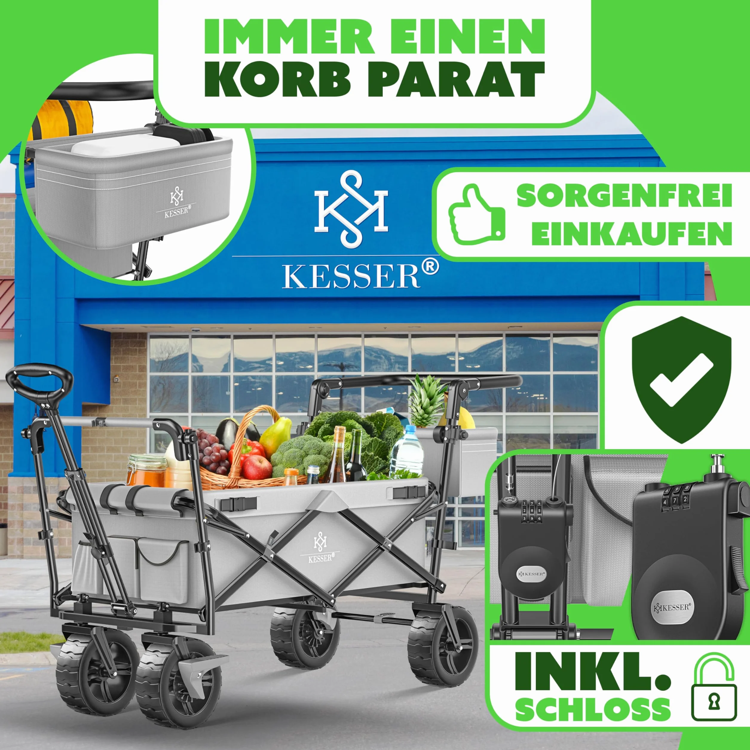 KESSER GT9000 Składany wózek transportowy z dachem, do 80 kg (w zestawie torba do noszenia) – szary