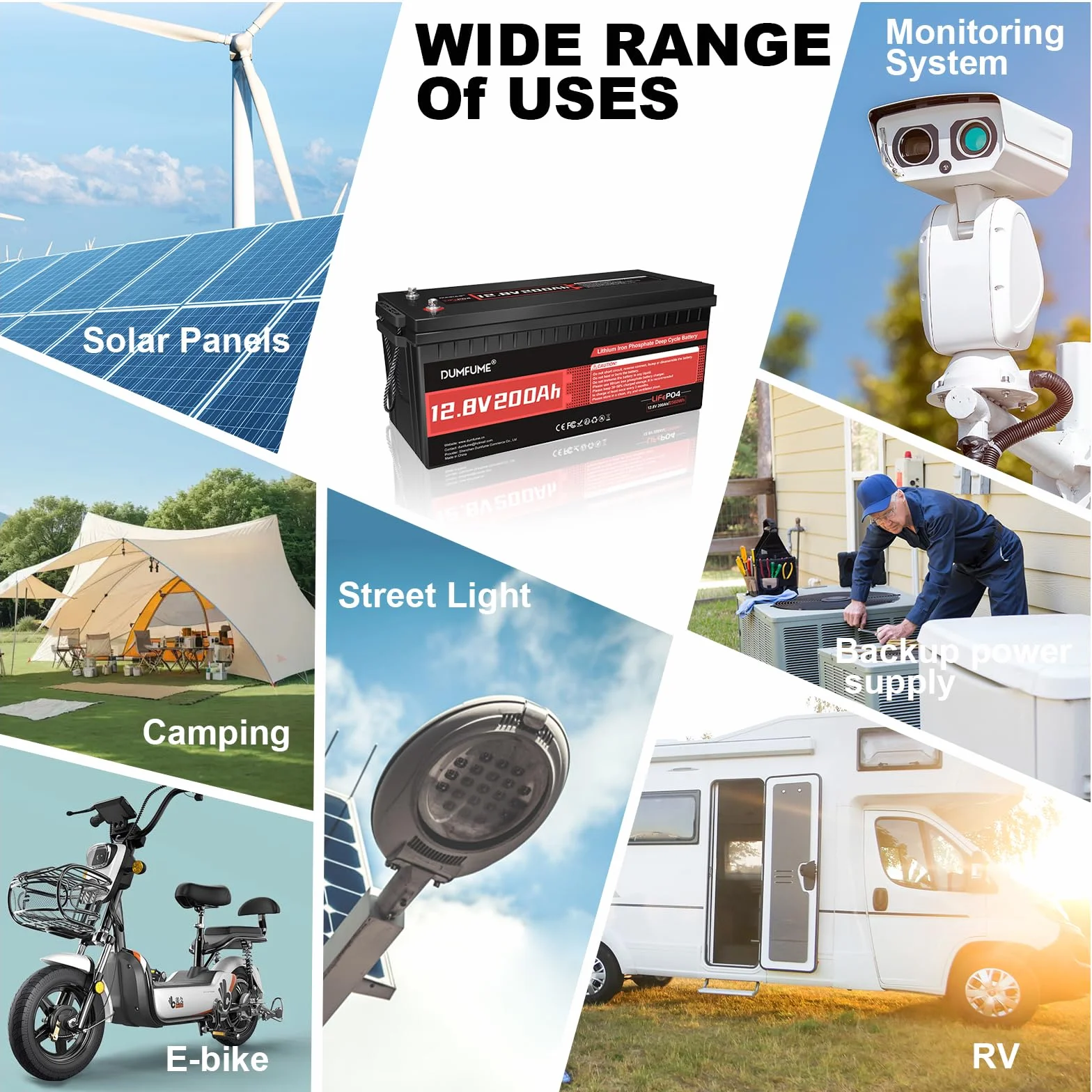 12V 200Ah Bateria Litowa LiFePO4, Pojemność 2560Wh z BMS 200A, 15000+ Cykli, Żywotność 10 Lat dla Kamperów, Systemów Solarnych, Kampingu & Zastosowań Off-Grid