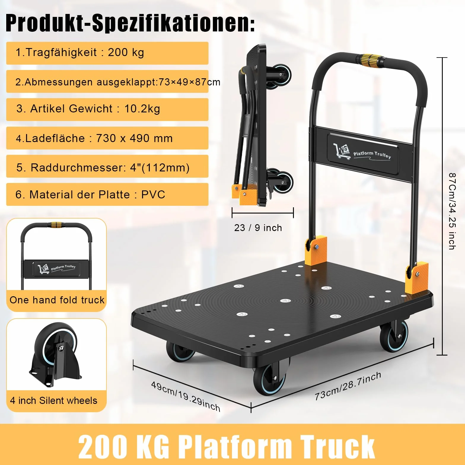 N&S Juvyig Wózek transportowy składany 200 kg platformowy cichy żółty mały