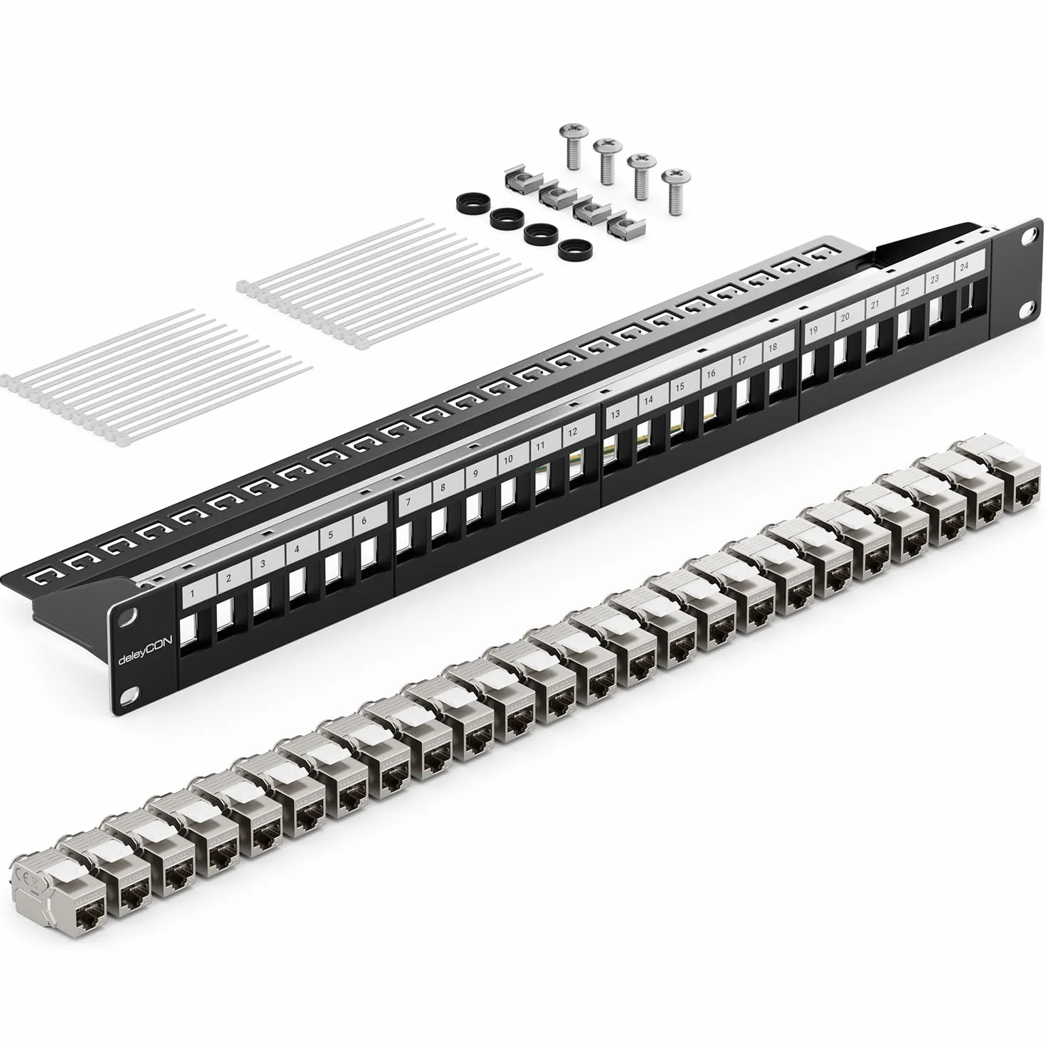 deleyCON 24 Portów Panel Krosowy CAT7 19" 1U Modułowy 10 Gbit/s 600 MHz Czarny