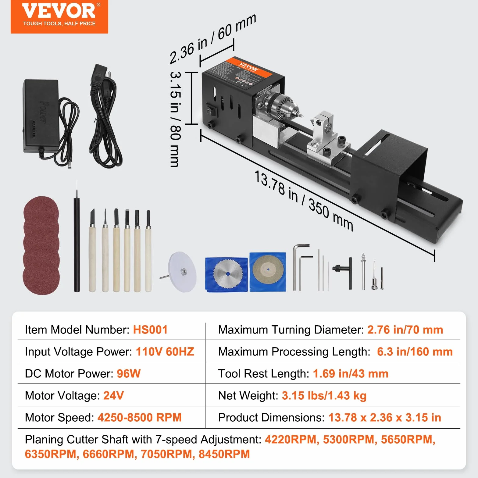 VEVOR Mini tokarka do drewna 70 x 160 mm 24 V 96 W 7-biegowa 350