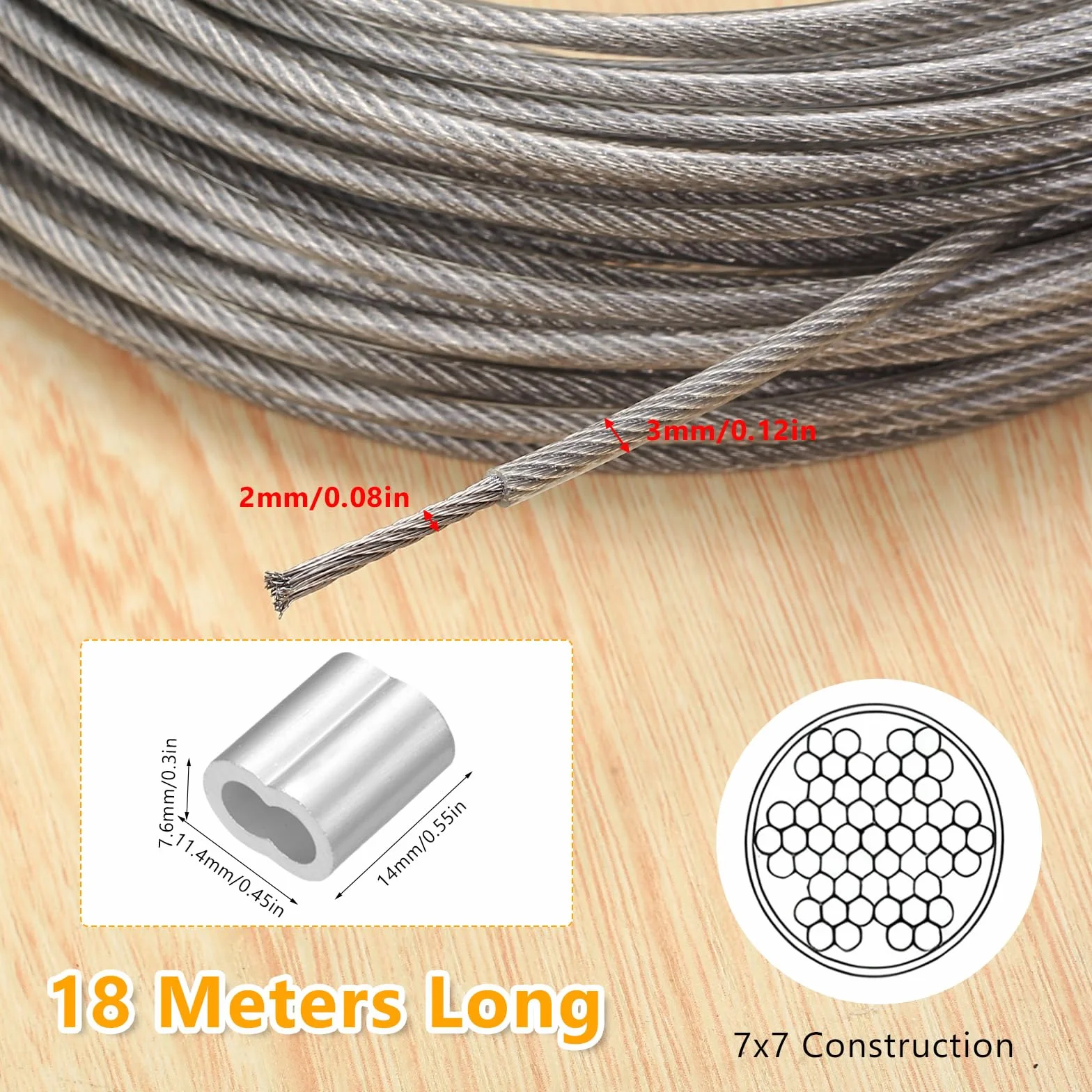 Stalowa Lina Nierdzewna Zestaw 7x7, 20m x 3mm Stalowy Kabel Powlekany, Kabel Bezpieczeństwa ze Stali Nierdzewnej, Drut ze Stali Nierdzewnej, z 12 SZT Tulejek Aluminiowych Podwójne Oczko 3mm