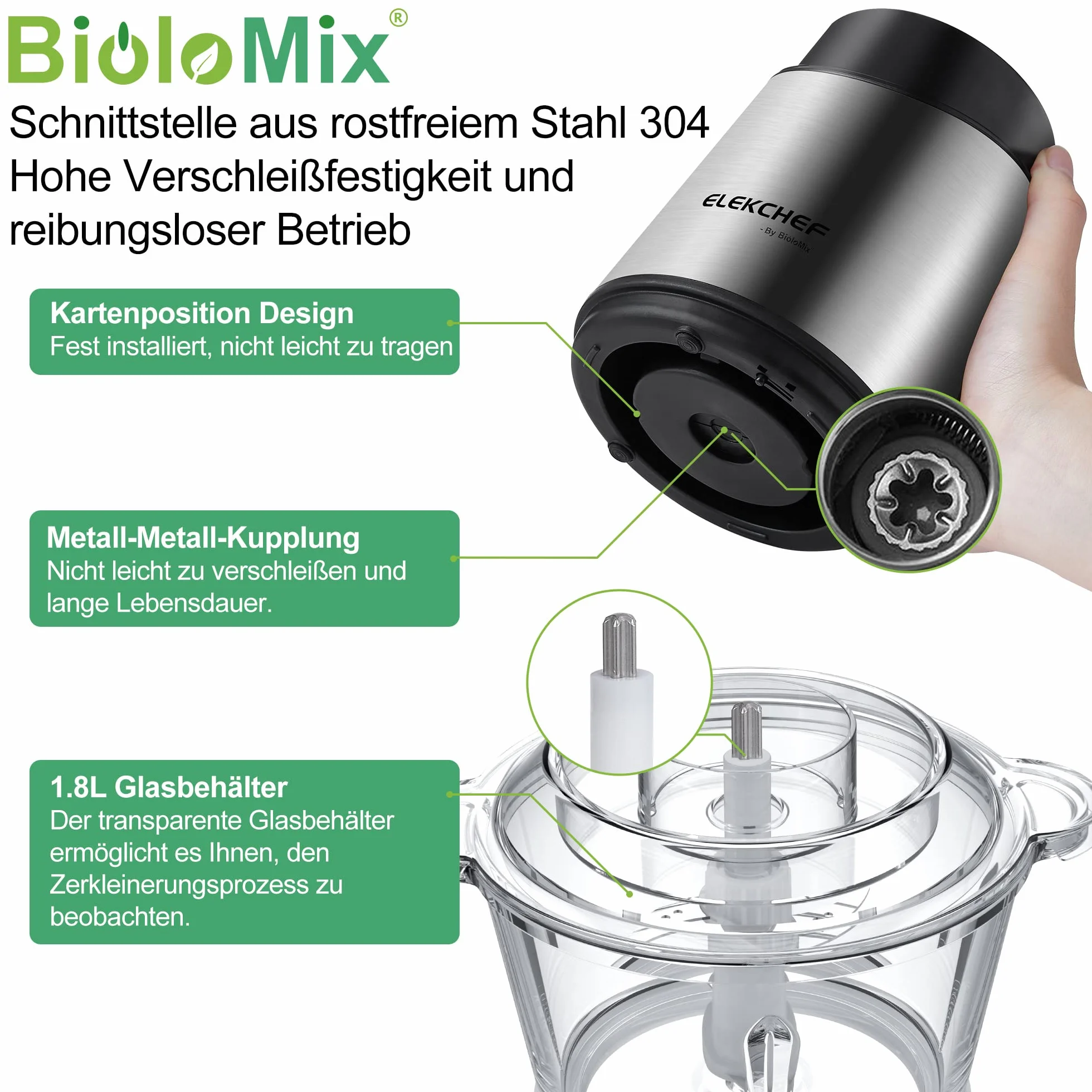 Biolomix Rozdrabniacz elektryczny 500 W, 2-biegowa regulacja prędkości, szklana miska 1,8 l, ostrza ze stali nierdzewnej