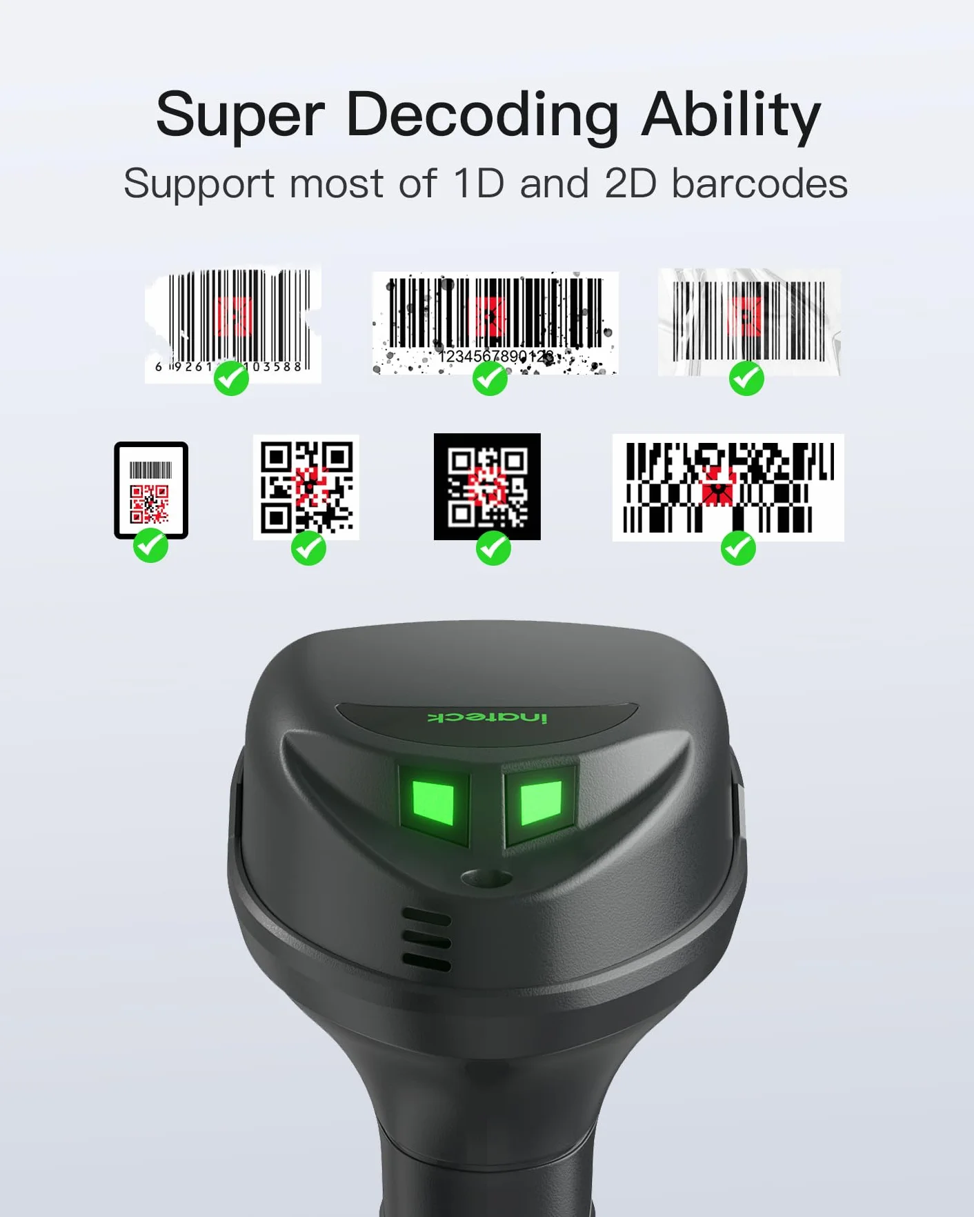Inateck Skaner kodów kreskowych, bezprzewodowy skaner kodów QR z Smart Base, 1D/2D, Bluetooth/2.4G/USB 3 w 1, kompatybilny z systemem Windows/iOS/Android/Mac/Linux do handlu detalicznego/magazynu