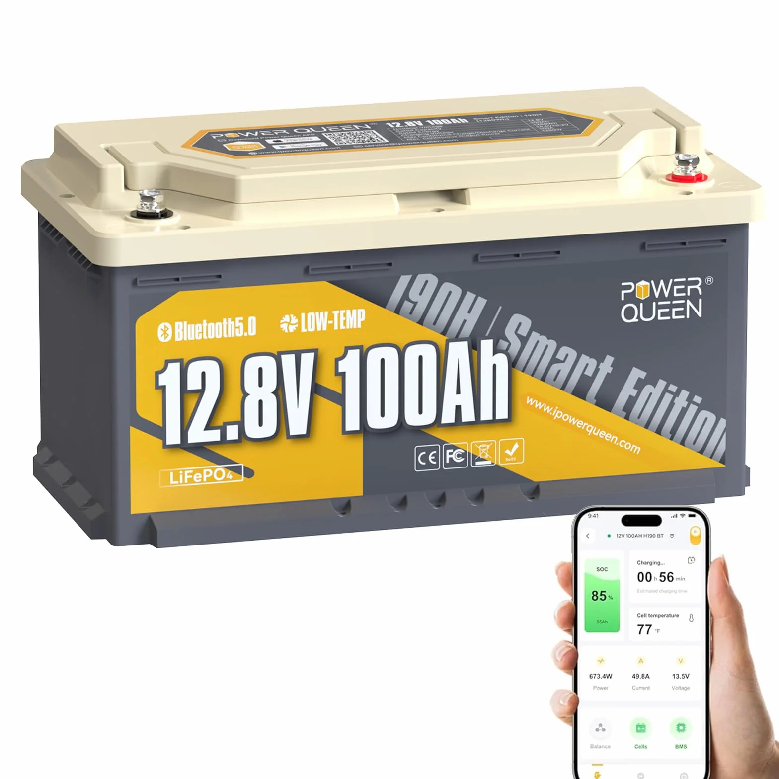 Power Queen LiFePO4 bateria litowa 12V 100Ah Bluetooth H190, DIN H8 L5, bateria głębokocyklowa 1280Wh z systemem BMS 100A i ochroną przed niskimi temperaturami, idealna do kamperów, kempingu, przyczep