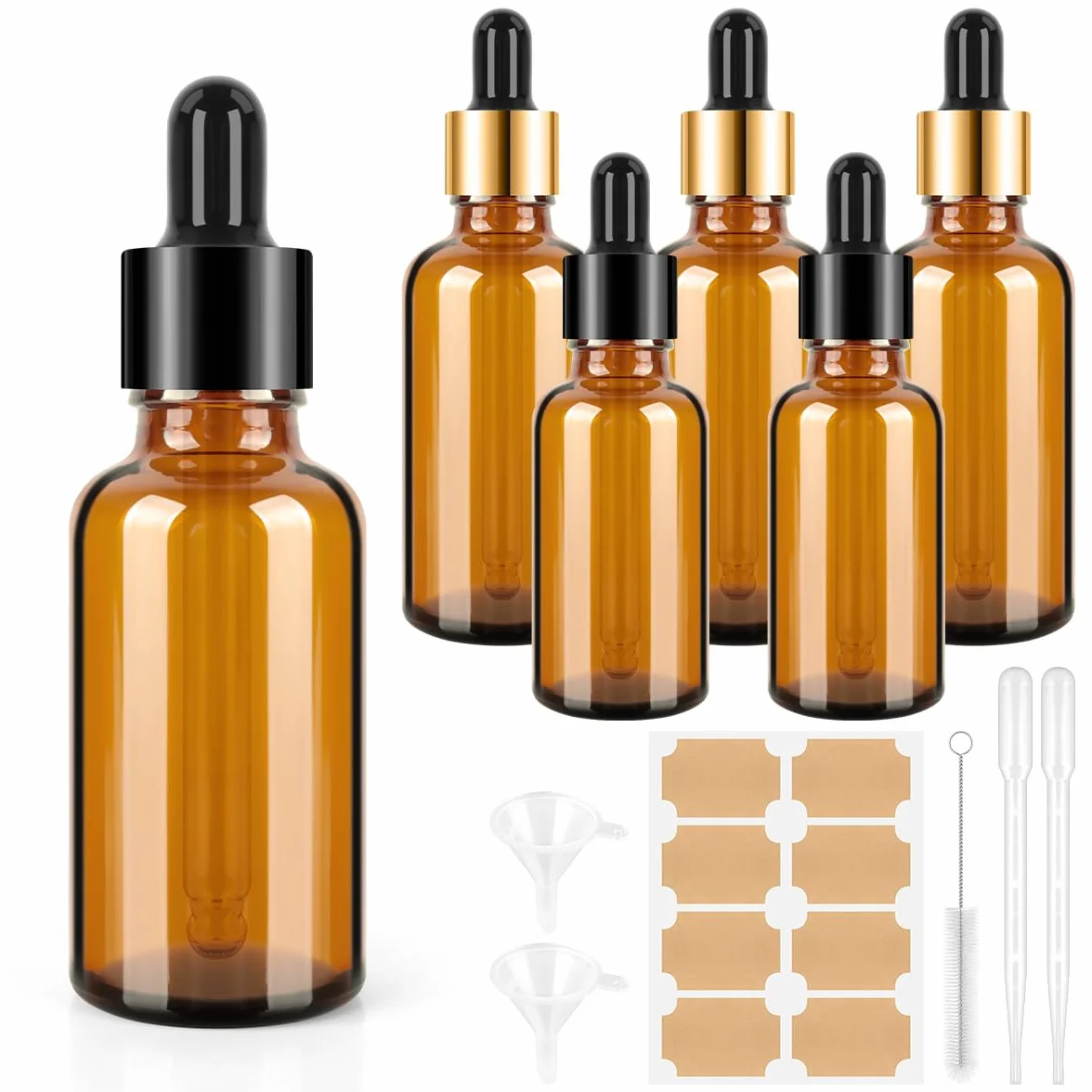 Szklane butelki z zakraplaczem, 30 ml/50 ml, butelka z zakraplaczem z lejkami, etykiety na pipetę, wielokrotnego użytku, bursztynowe szklane butelki na perfumy, olejki eteryczne, mieszanki