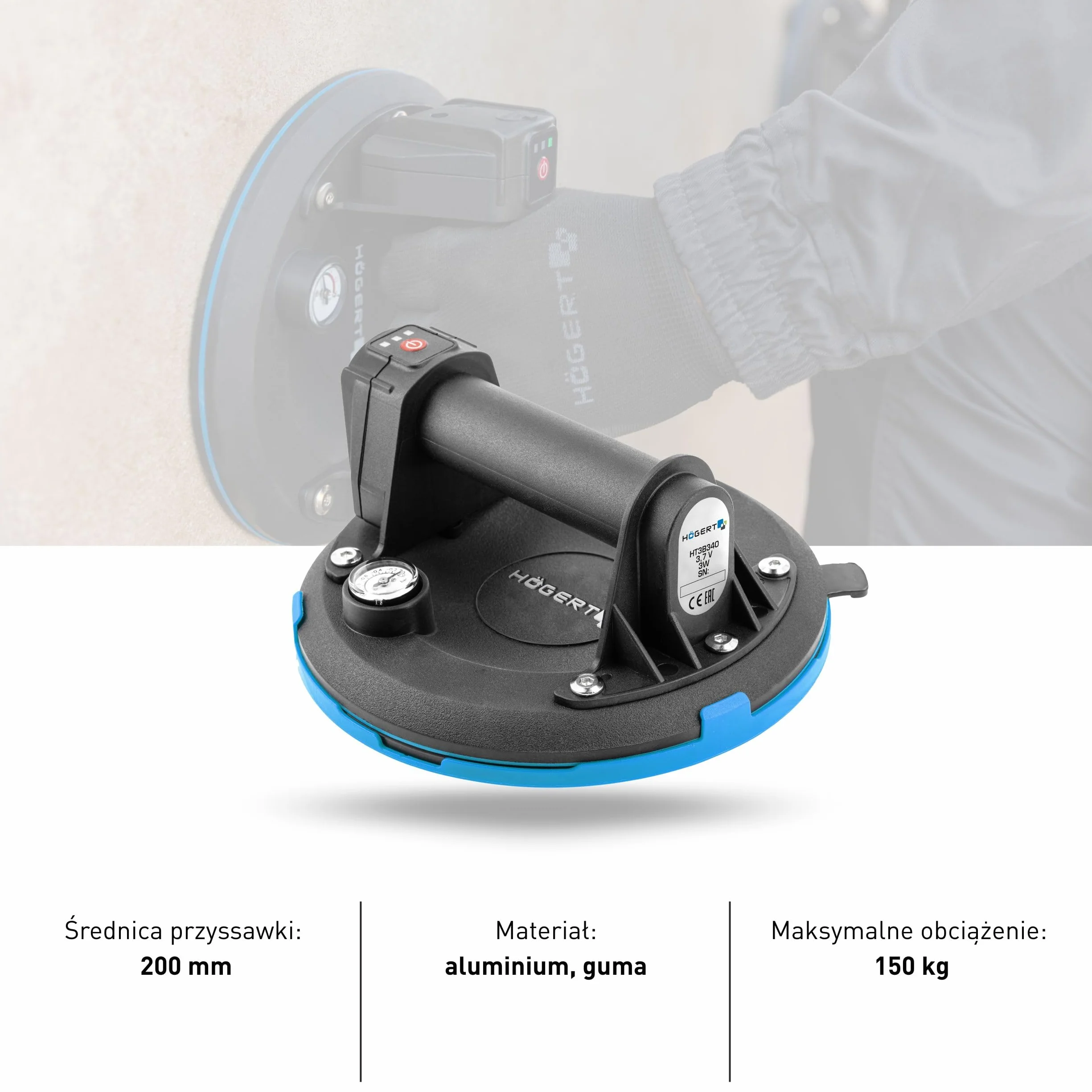 HÖGERT TECHNIK Przyssawka akumulatorowa 200 mm z manometrem Heavy Duty 150 kg