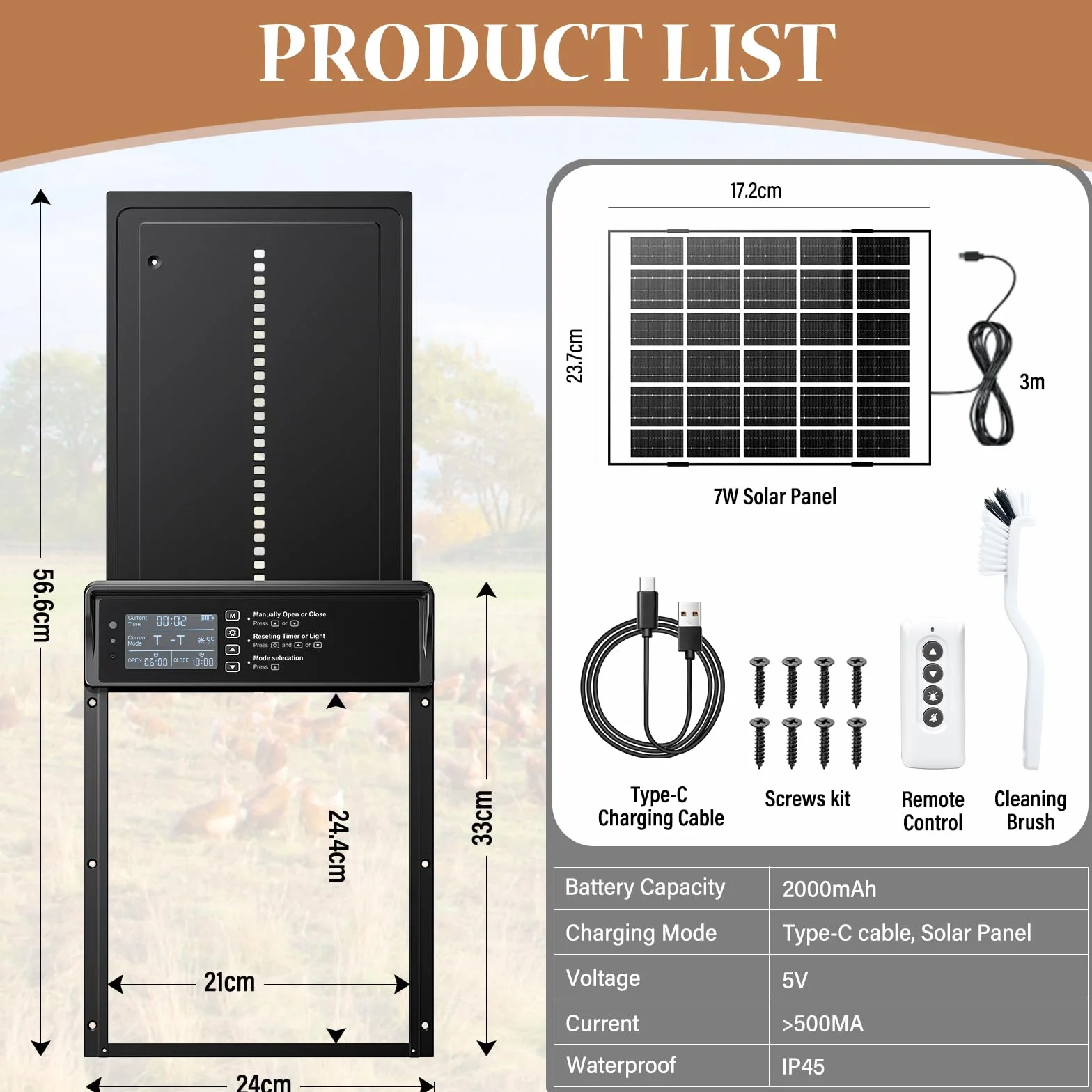 Porta per Pollaio Automatica,Porta Automatica Pollaio Solare,Porta Pollaio Automatica con Timer, Display LED, Sensore di Luce, Telecomando,apriporta in modo sicuro