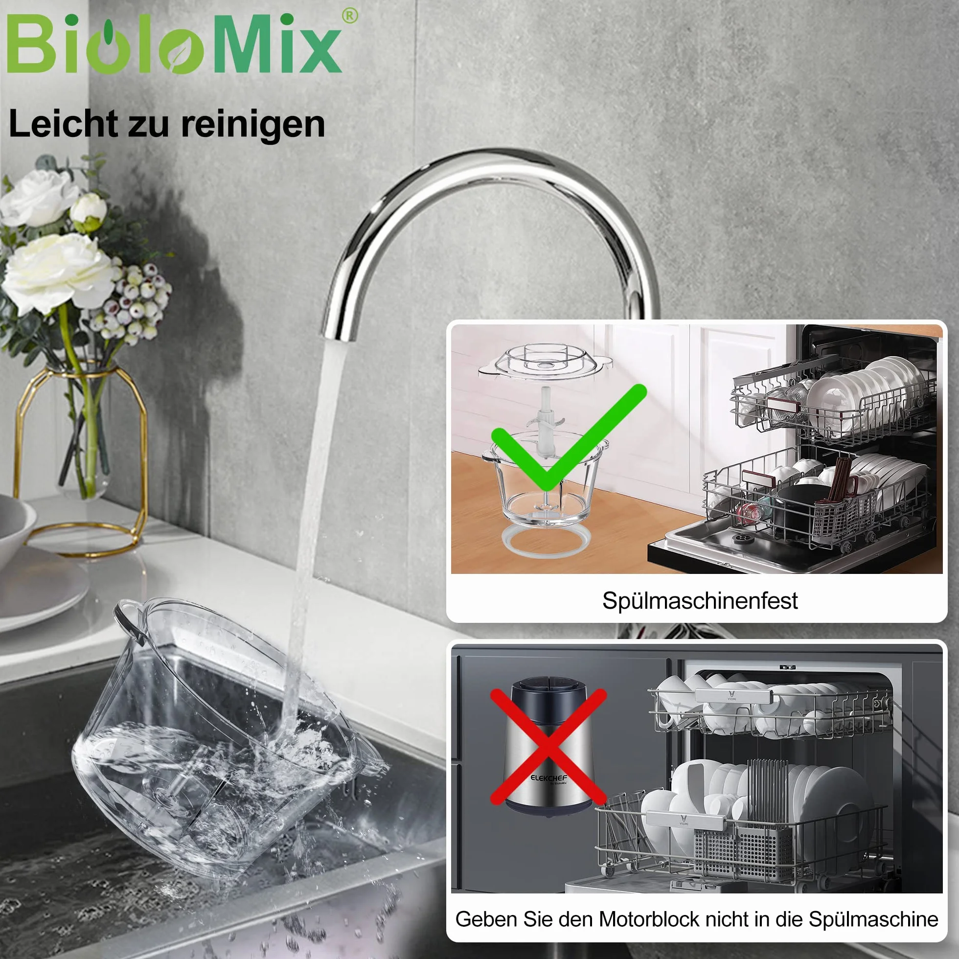 Biolomix Rozdrabniacz elektryczny 500 W, 2-biegowa regulacja prędkości, szklana miska 1,8 l, ostrza ze stali nierdzewnej