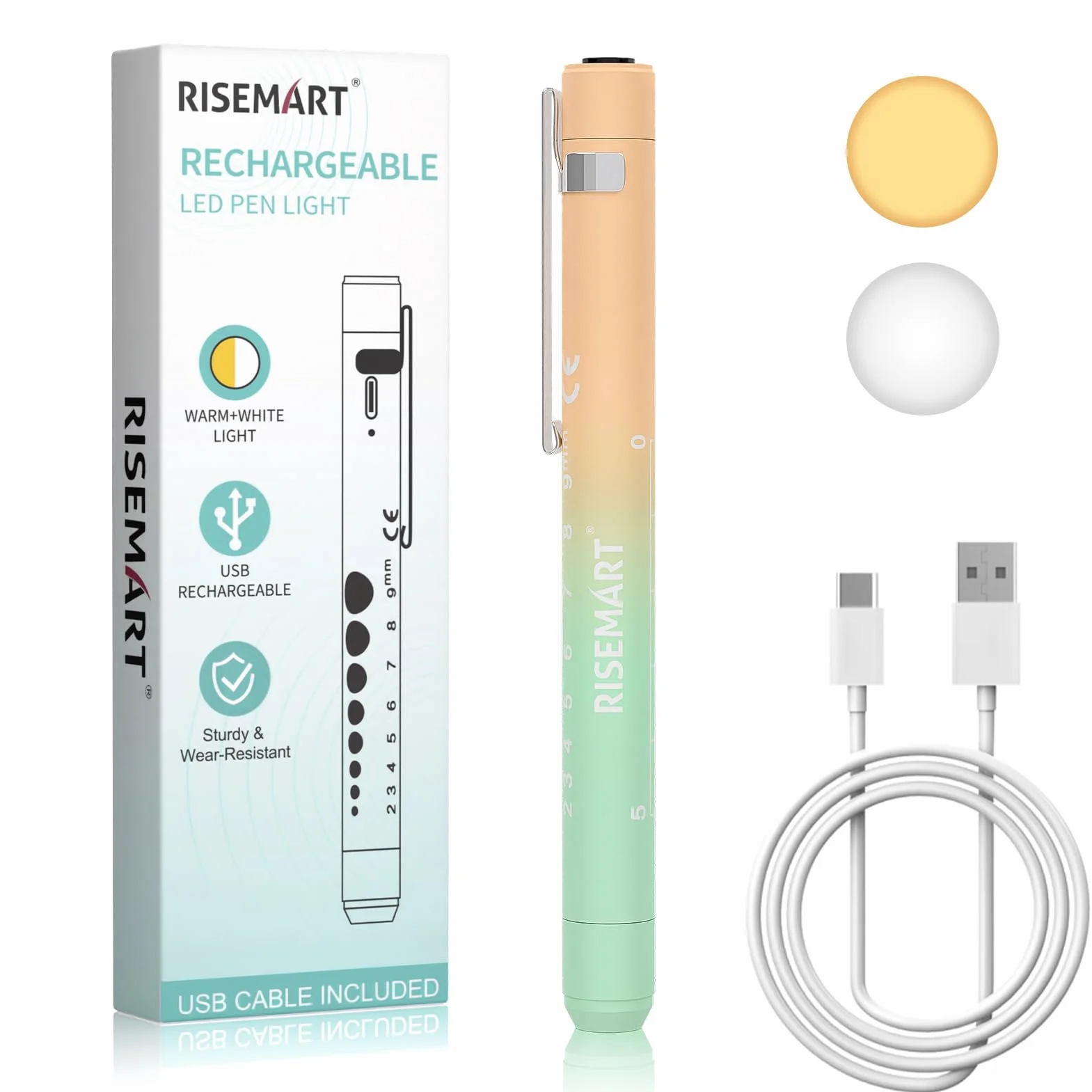RISEMART Lampa źrenicy, lampa diagnostyczna z miernikiem źrenic i linijką, ciepła / zimna biel, ładowana przez USB LED lampa długopisowa dla pielęgniarek, możliwość ponownego ładowania (gradient