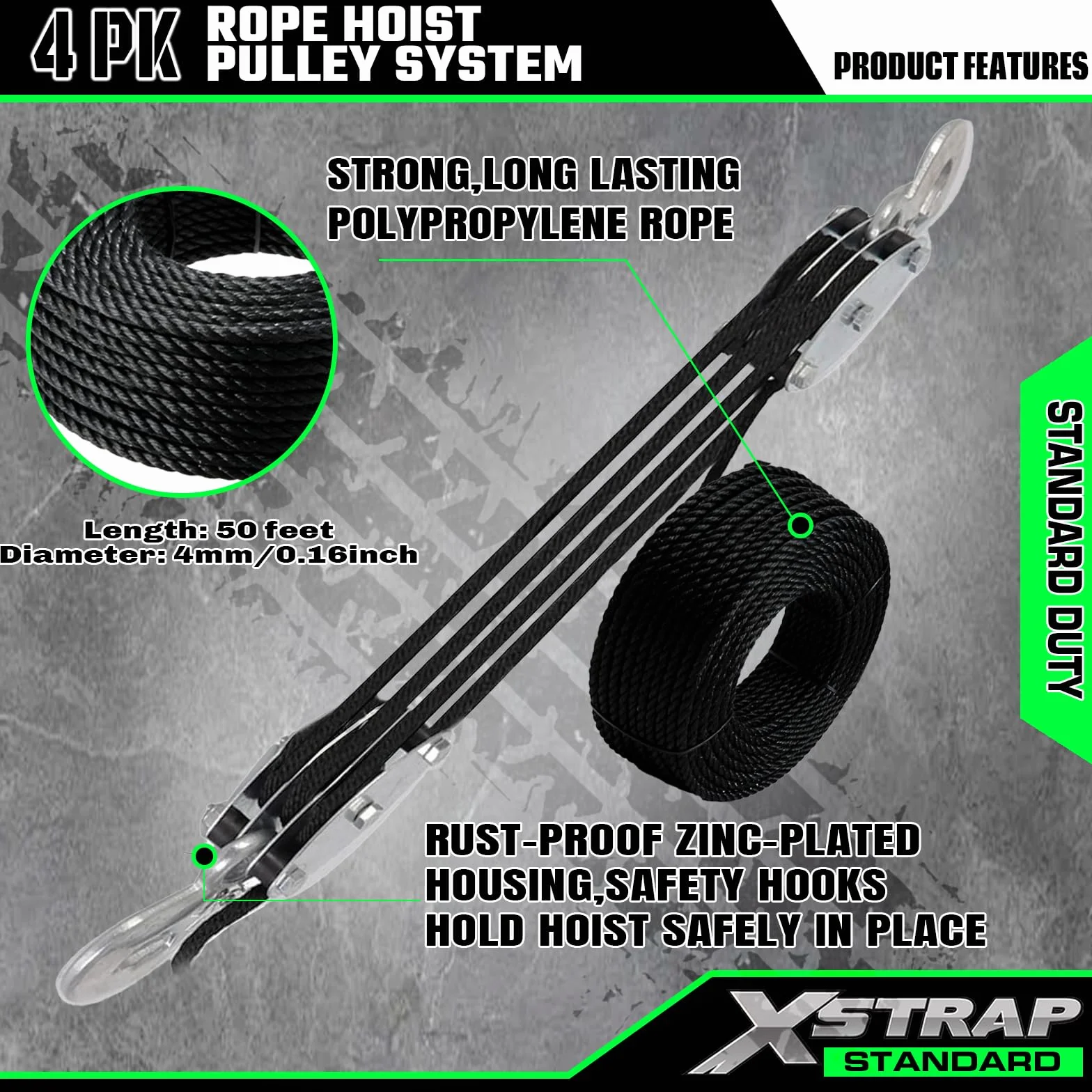 XSTRAP STANDARD Wytrzymały wciągnik linowy o wadze 0,9 kg, obciążenie robocze 453 kg i system koła pasowego do podnoszenia ciężkich przedmiotów (czarny)
