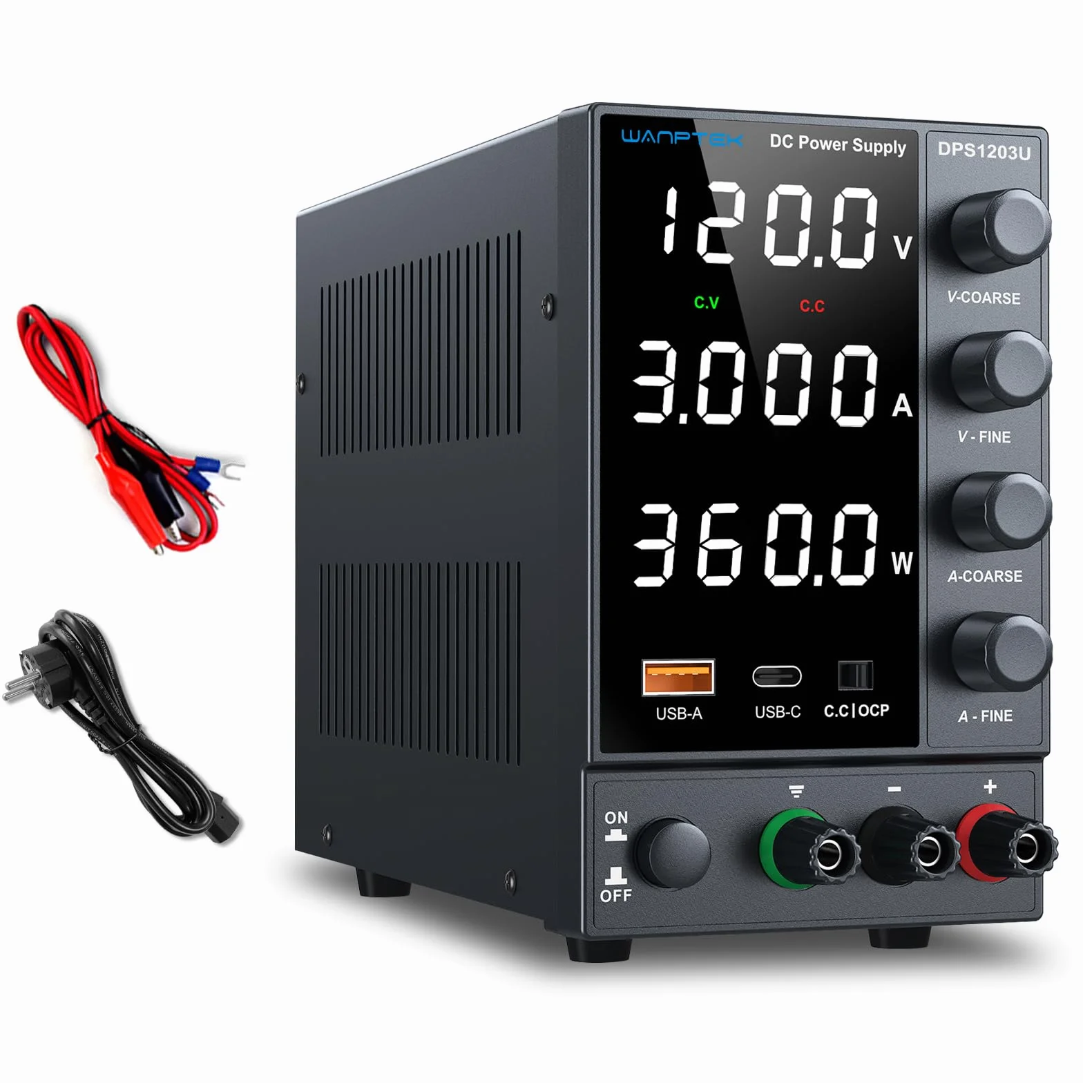 Zasilacz laboratoryjny 120V 3A,Zasilacz regulowany DC z portem USB-A/Type-c do szybkiego ładowania i precyzyjnym 4-cyfrowym wyświetlaczem LED z enkoderem