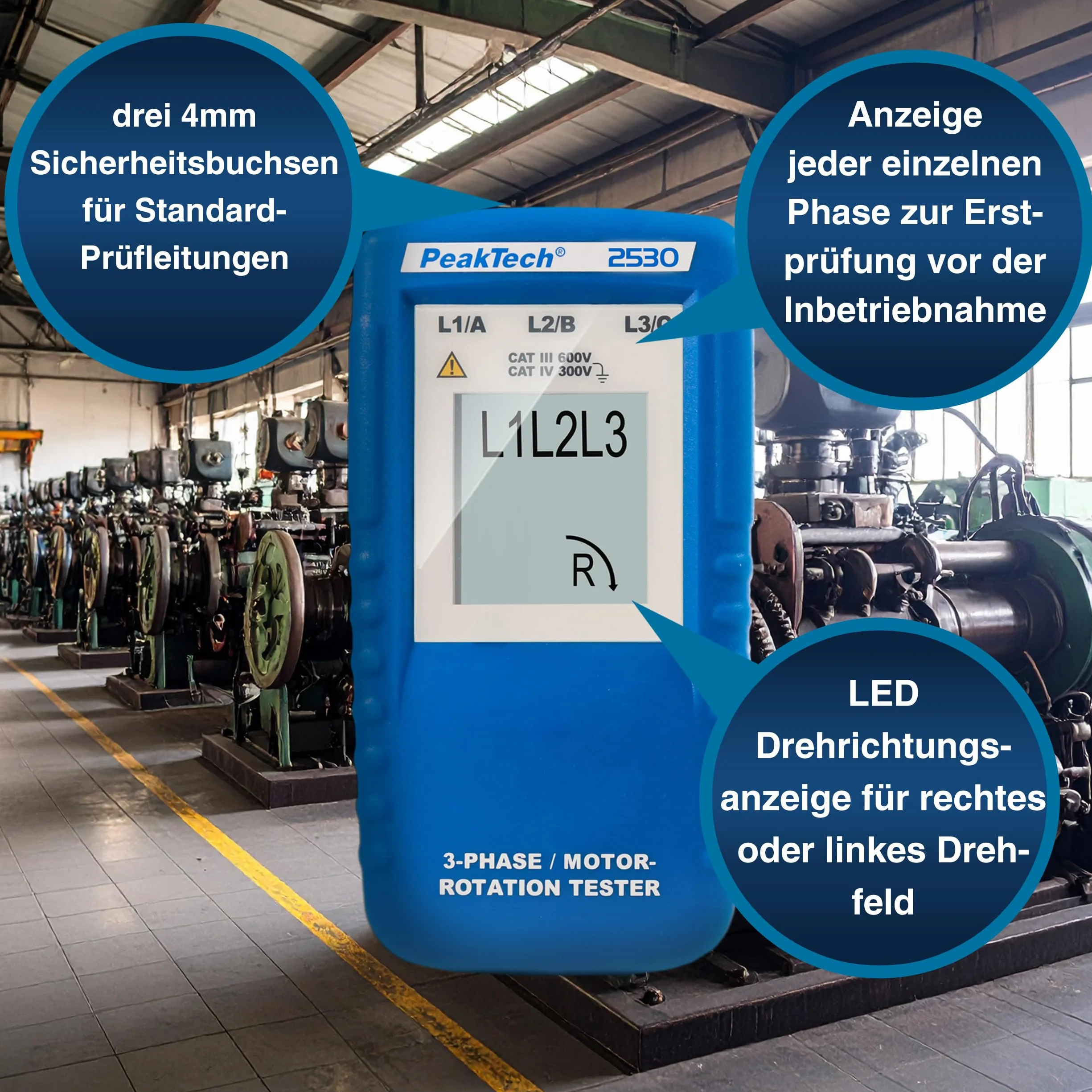 PeakTech P 2530 3-fazowy wskaźnik kierunku obrotów z wyświetlaczem LCD