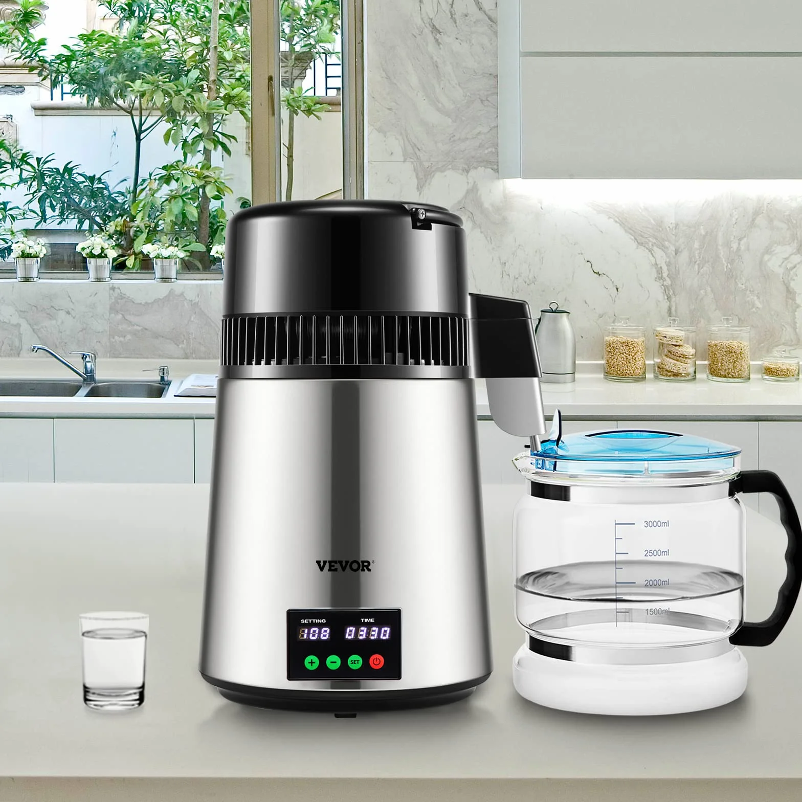VEVOR destylator wody, pojemność rury: 4 l, 750 W, destylator wody 1 l/h, ze szklanym zbiornikiem ze srebra, do kuchni, biura, laboratorium, szpitali, kliniki dentystycznej itd.