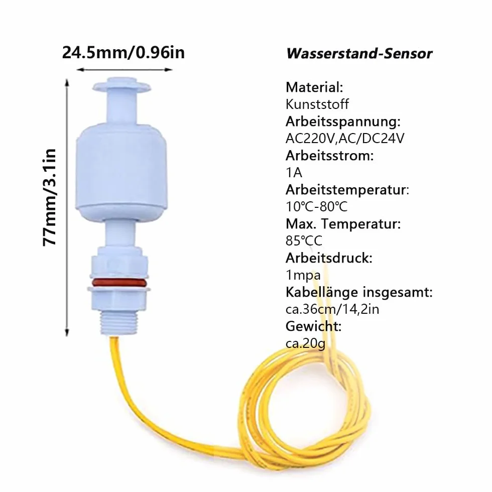 Przełącznik pływakowy czujnik poziomu wody AC 220V AC/DC 24V 52 mm do hydroponiki akwarium