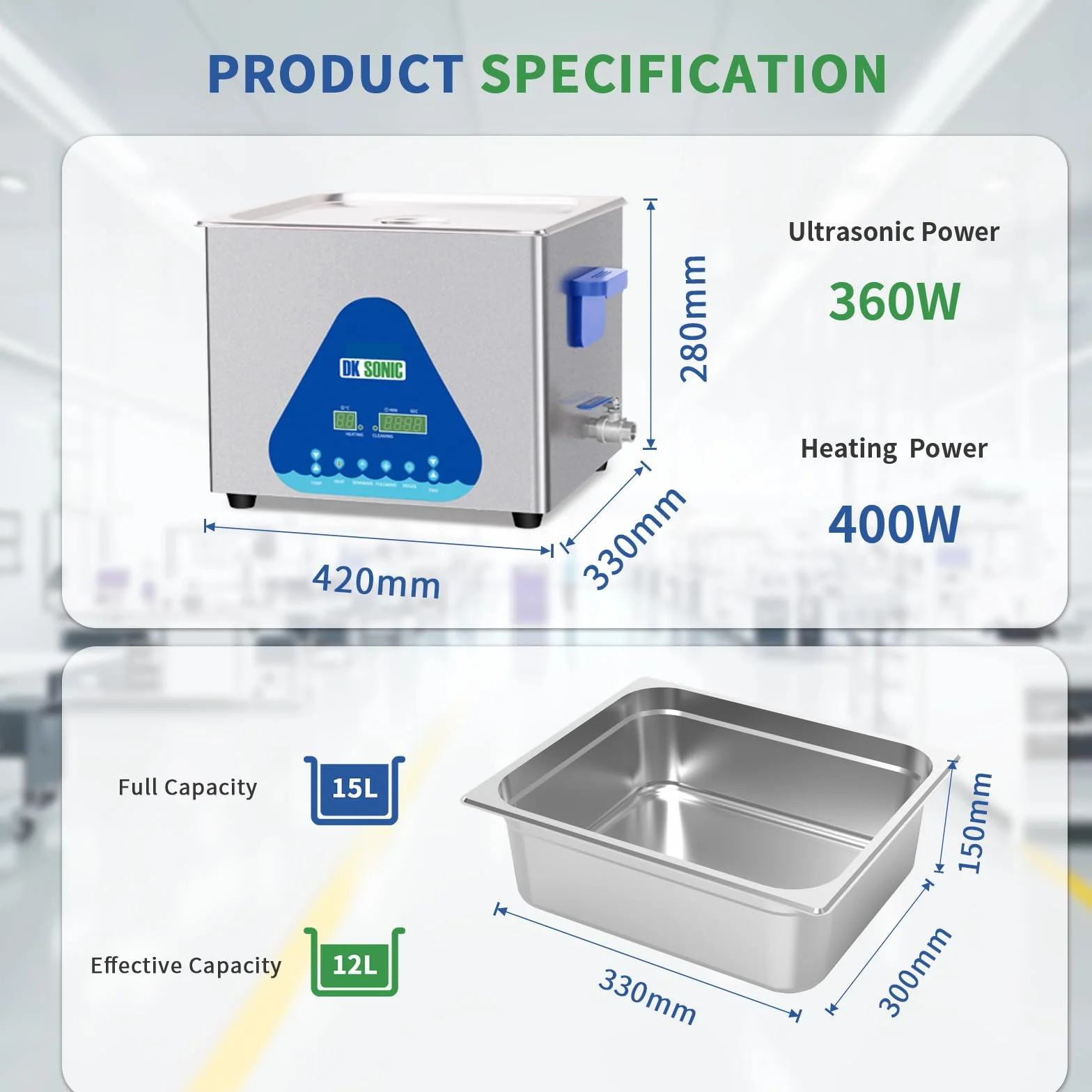 DK SONIC Przemysłowa Myjka Ultradźwiękowa 15L 360W z Grzaniem Timerem Cyfrowym
