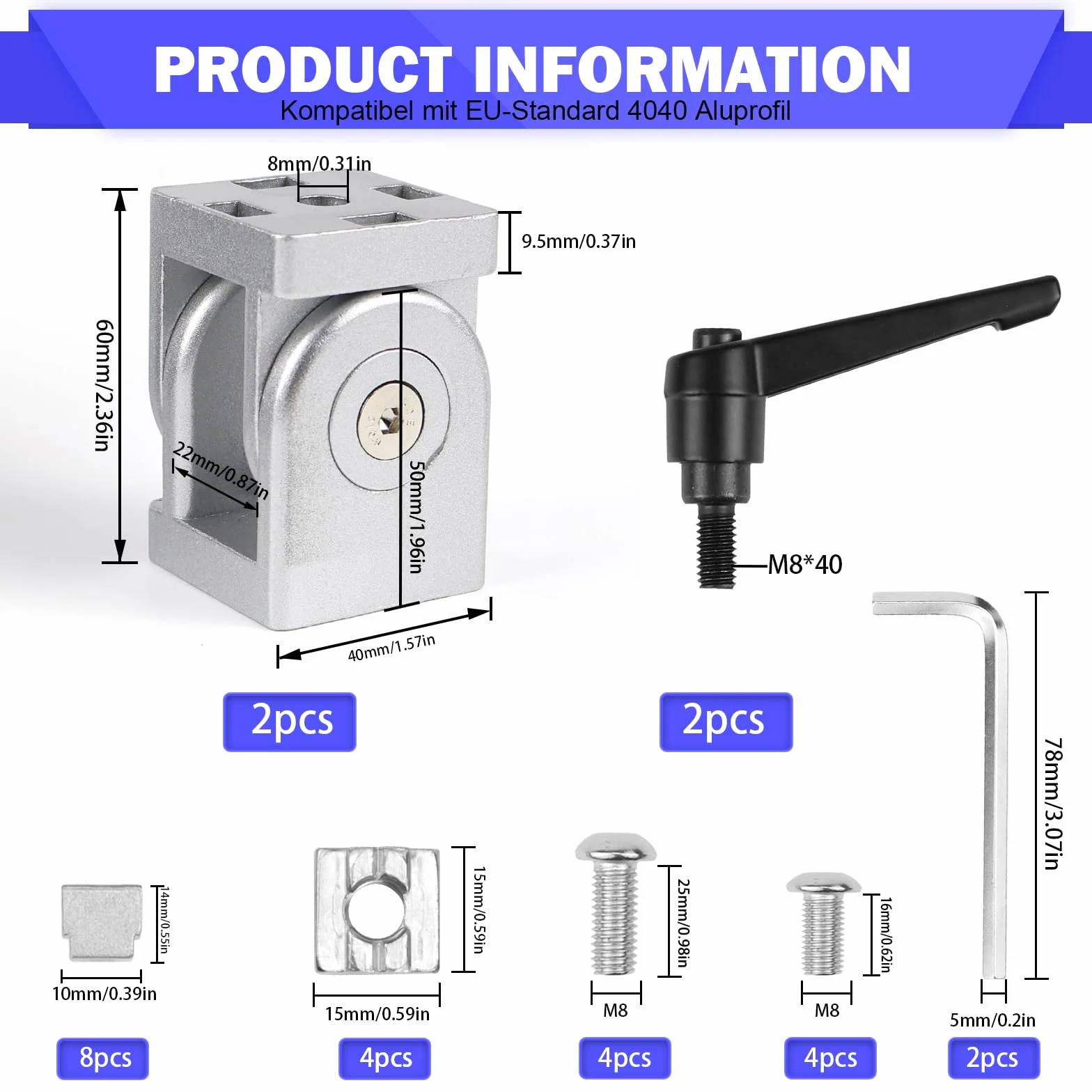 Profil aluminiowy, złącze przegubowe z dźwignią zaciskową, przegub, profil aluminiowy 40 x 40, rowek, 8 regulowanych łączników kątowych, elastyczny zawias, zakres obrotu 180°, ze stopu cynku, do