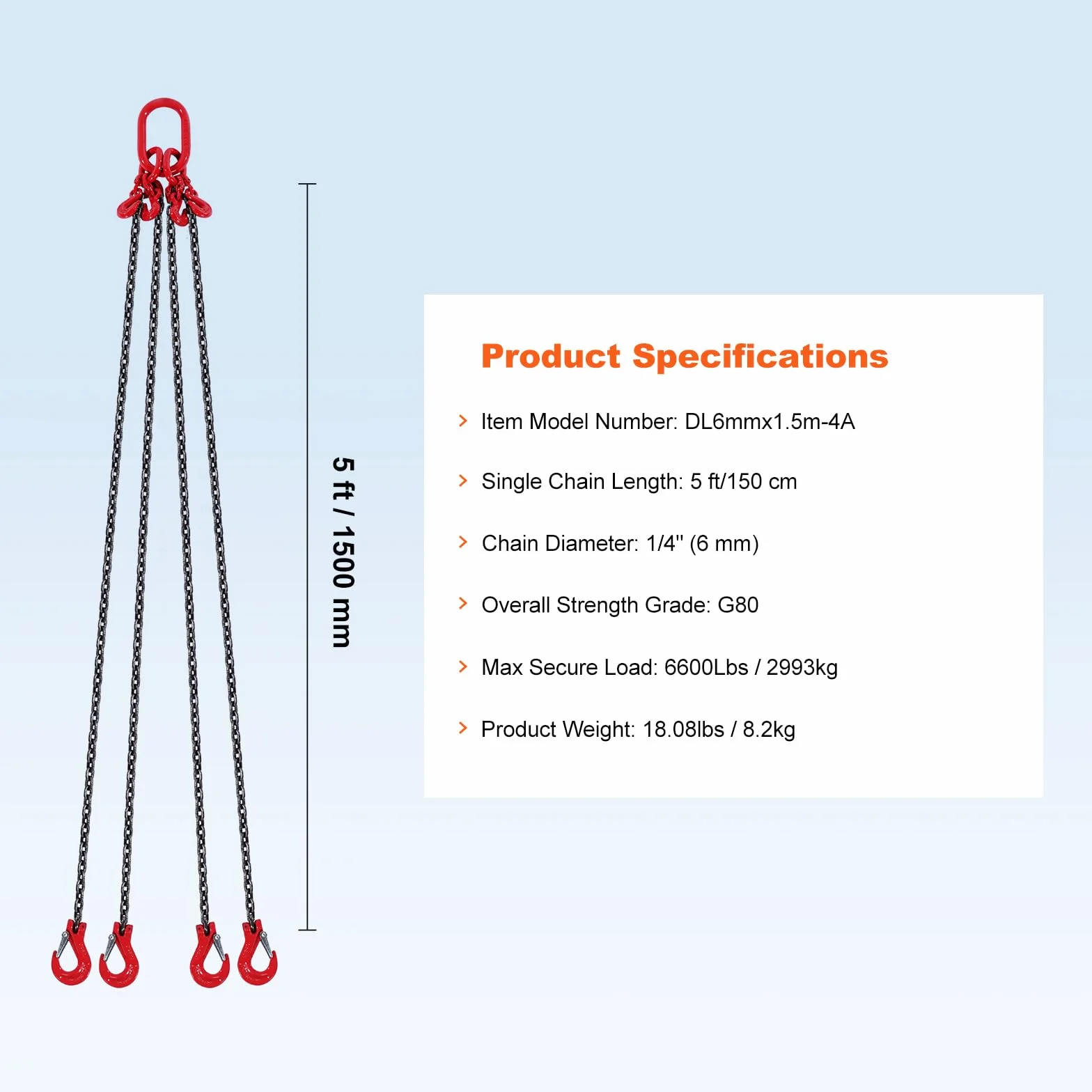 VEVOR 4-pasmowy łańcuch dźwigowy G80 1,5 m 2993 kg Ø 6 mm