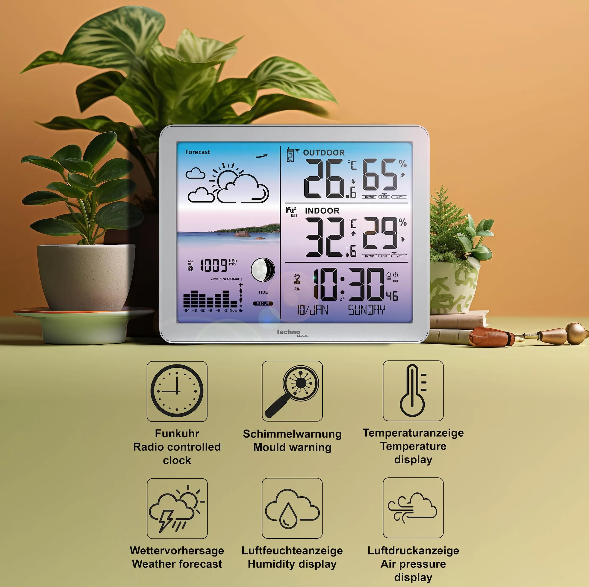 Stacja pogodowa WS6520 z kolorowym wyświetlaczem, zegar radiowy, wskaźnik temperatury, ostrzeżenie o pleśni