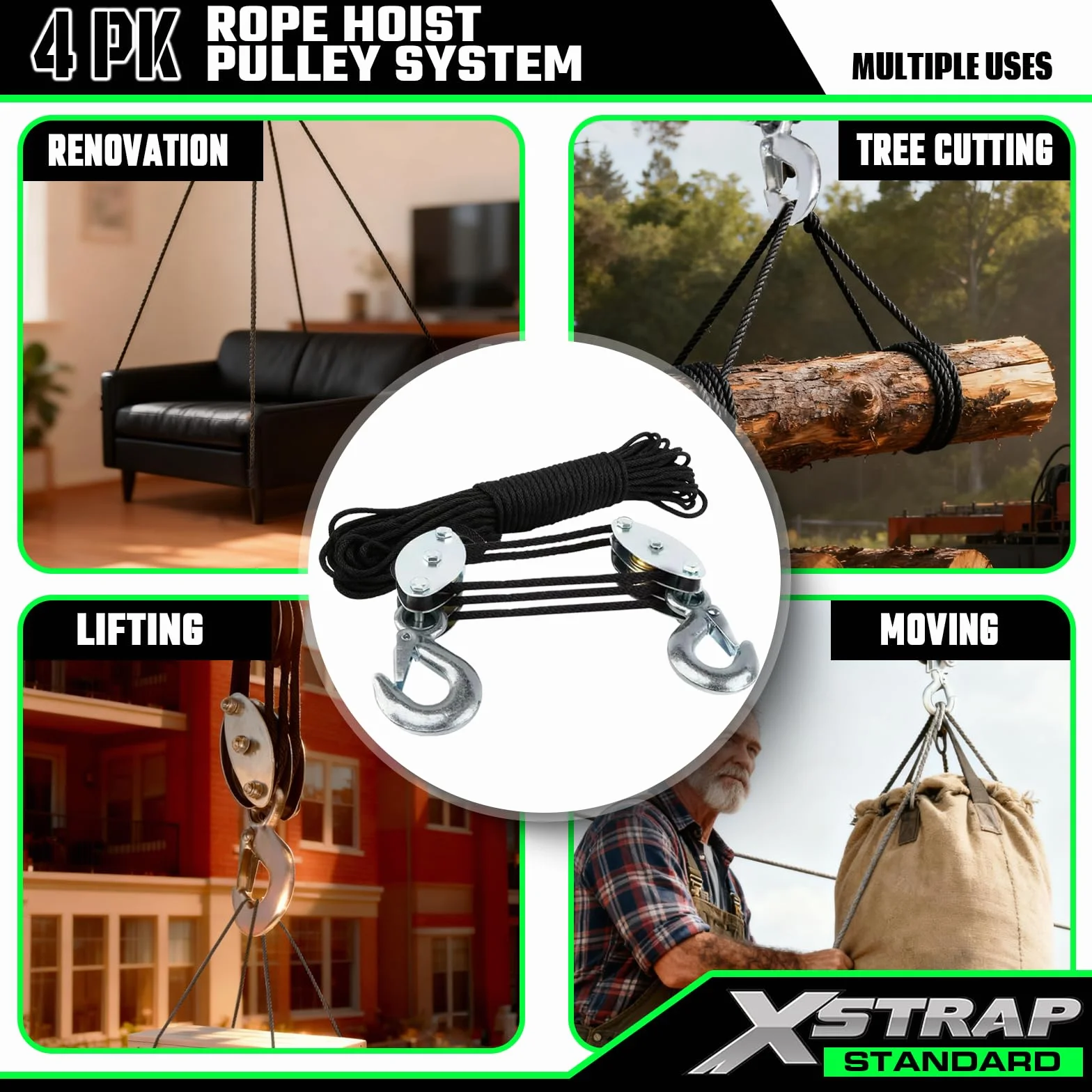 XSTRAP STANDARD Wytrzymały wciągnik linowy o wadze 0,9 kg, obciążenie robocze 453 kg i system koła pasowego do podnoszenia ciężkich przedmiotów (czarny)