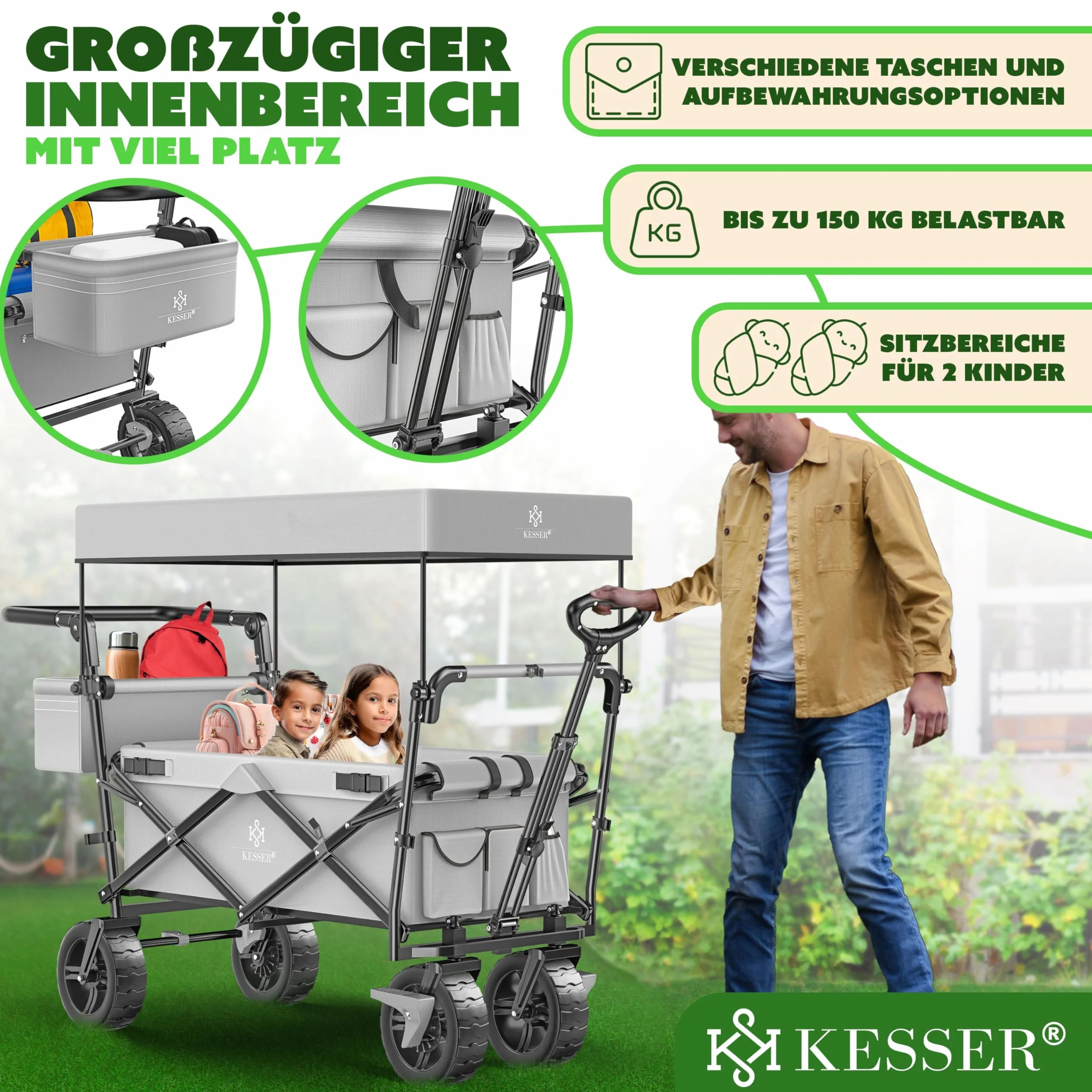 KESSER GT9000 Składany wózek transportowy z dachem, do 80 kg (w zestawie torba do noszenia) – szary