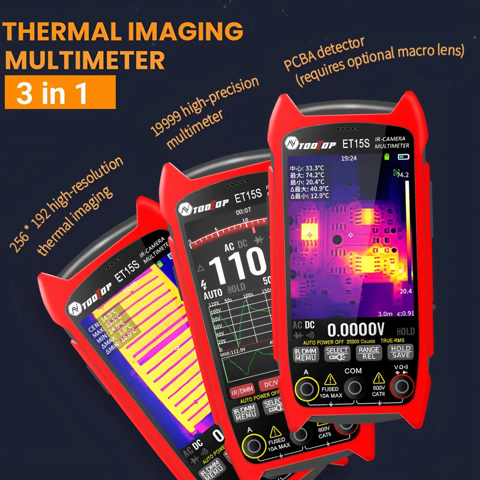 ET15S profesjonalna kamera termowizyjna na podczerwień z obiektywem makro 256 x 192, czujnik podczerwieni 3,5 cala, 19999, cyfrowy multimetr PCB, naprawa HVAC (ET15S+obiektyw makro)