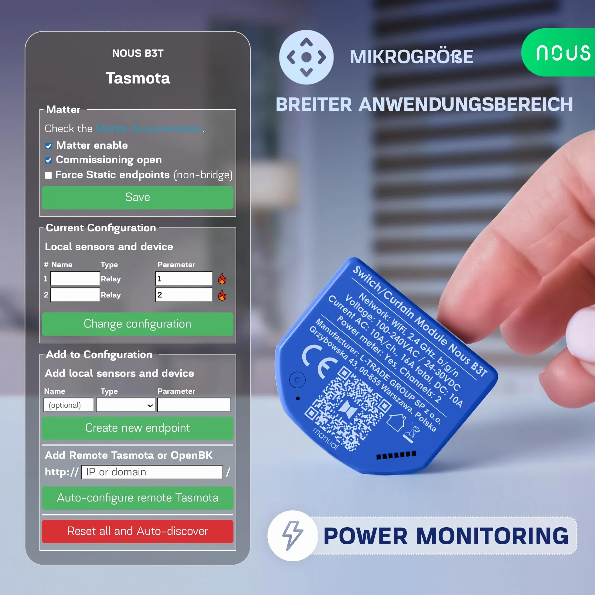 NOUS Moduł przełączający WiFi Tasmota 16A 2 kanały z pomiarem mocy ESP32 czujnik temperatury Matter MQTT