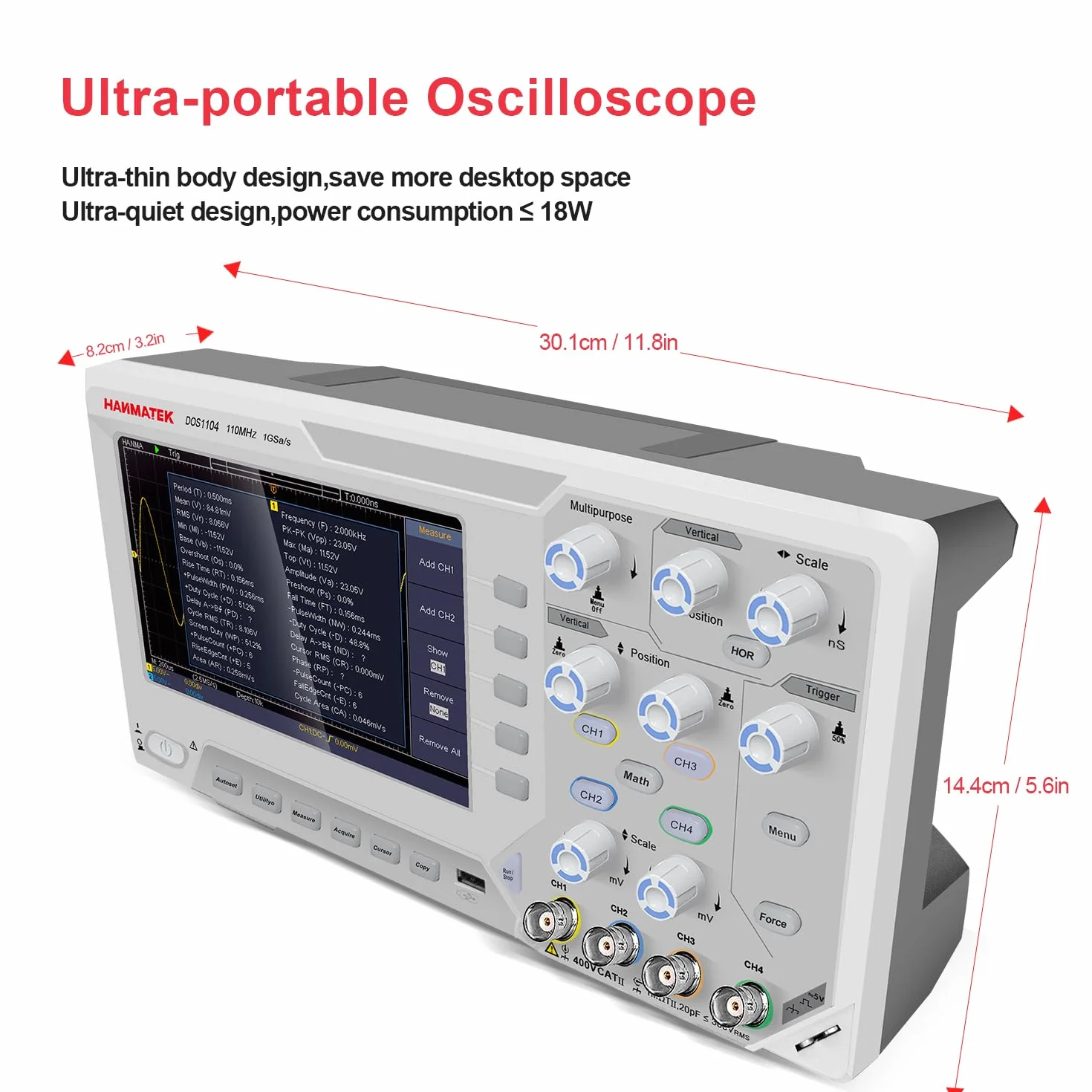 HANMATEK DOS1104 Oscyloskop cyfrowy 4-kanałowy 7-calowy TFT-LCD 110 MHz 1GS/s