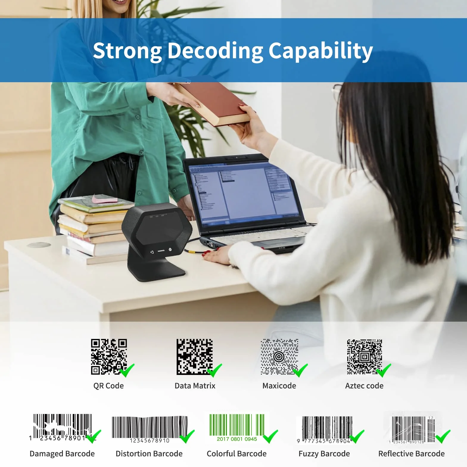 NETUM 1D 2D QR skaner prezentacji zestaw głośnomówiący USB skaner kodów kreskowych wielokierunkowy przewodowy czytnik kodów kreskowych do mobilnej płatności komputerowej obsługa skanowania ekranu PDF417, kod Securpharm (Data Matrix) NT-7060