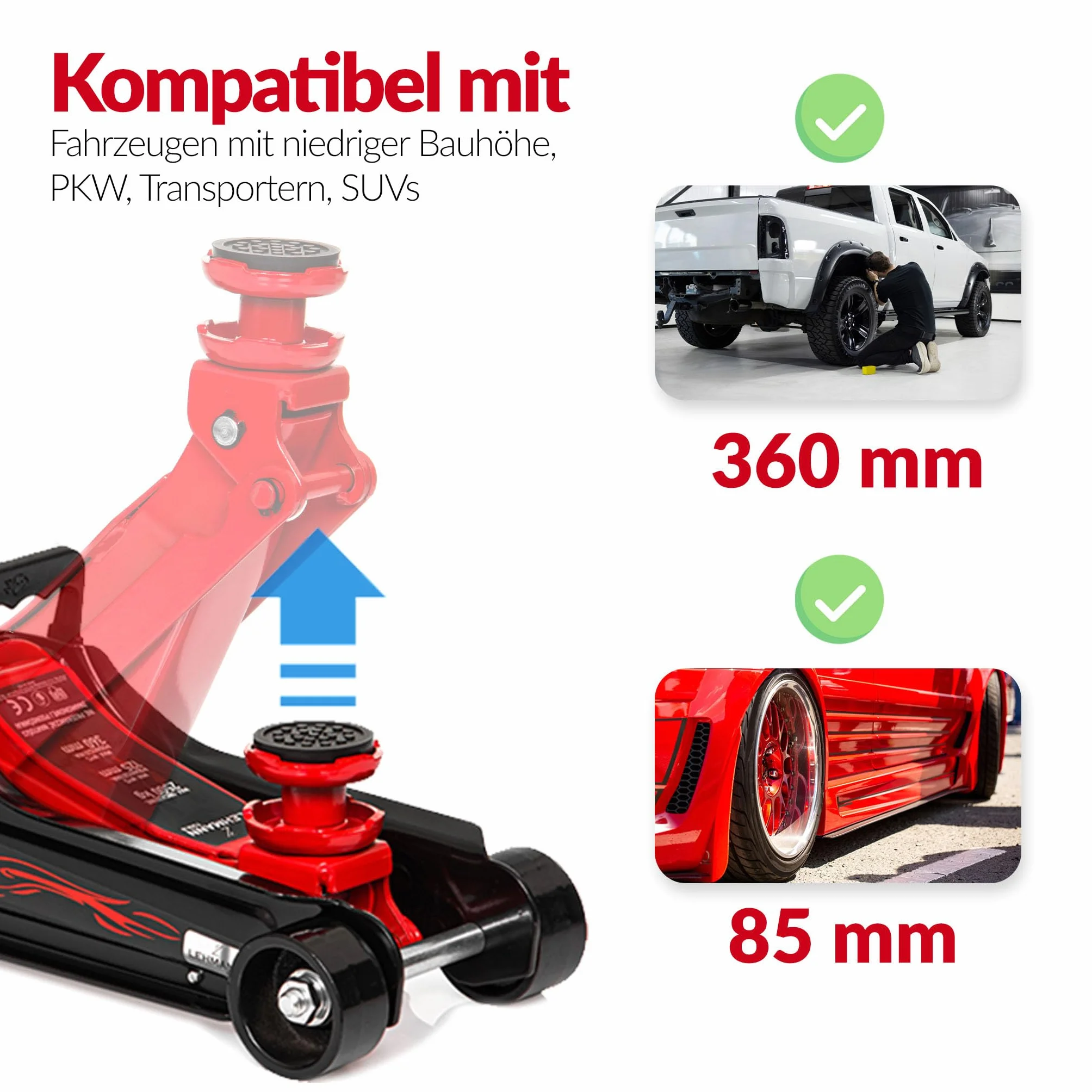 LEHMANN hydrauliczny podnośnik samochodowy 2,5T 85-360mm koła 360°