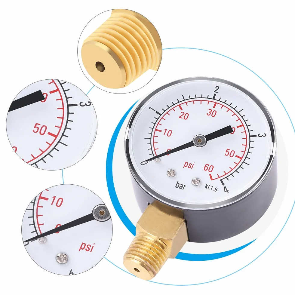 Mini manometr, manometr sprężonego powietrza z podwójną skalą Odpowiedni do powietrza, wody, oleju, powietrza i innych materiałów 0-4 bar / 0-60 psi