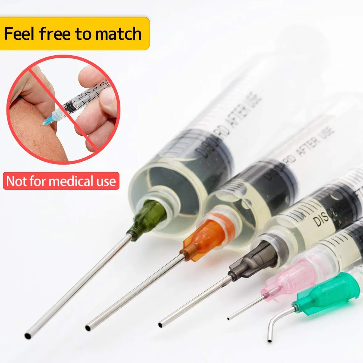 Zestaw tępych strzykawek 1ml, 3ml, 5ml, 10ml, 20ml z tępymi igłami 14g, 15g, 16g, 18g, 20g i nasadkami do strzykawek, Do przemysłowych klejów rzemieślniczych (20 szt.)