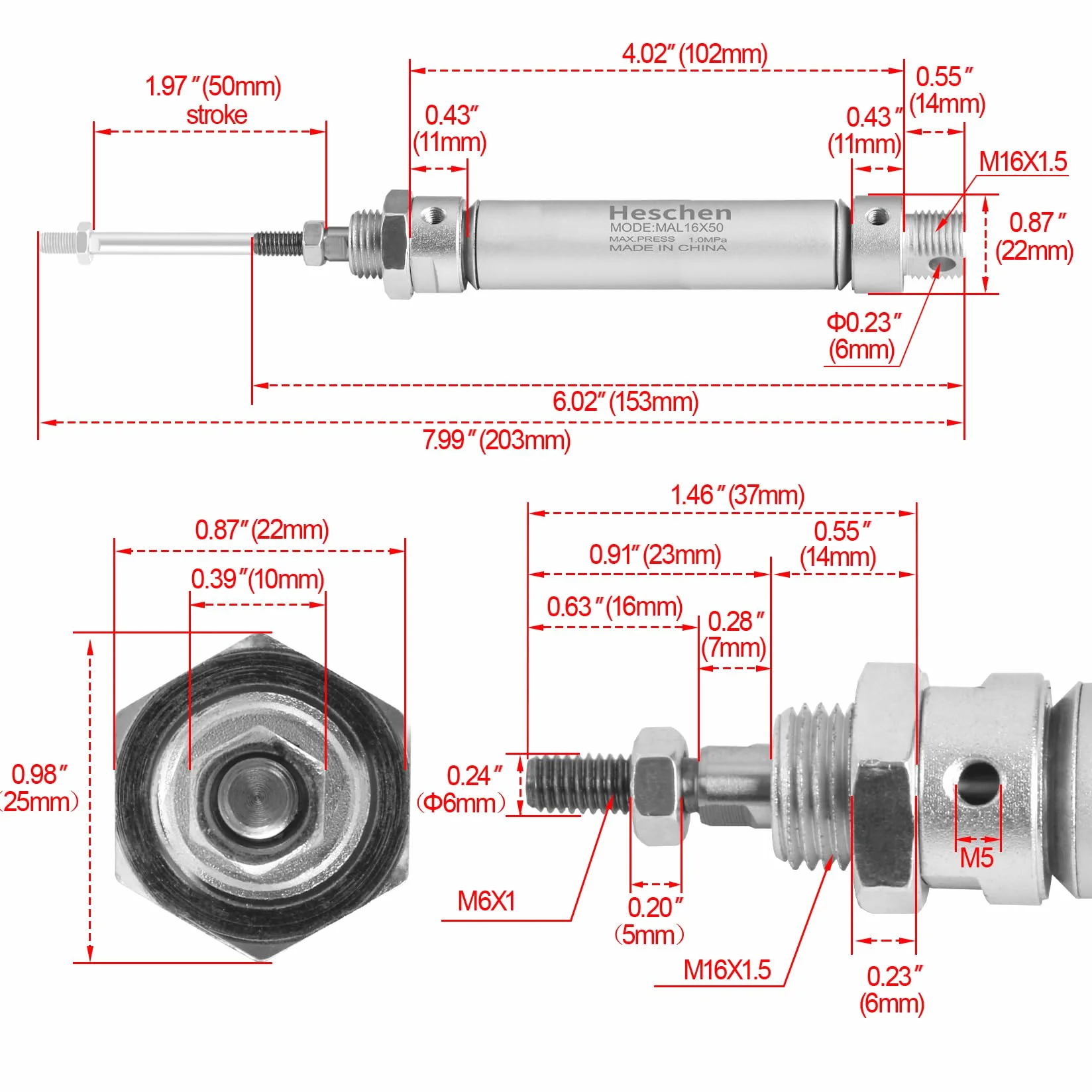 Heschen cylinder pneumatyczny MAL 16-50 M5 16mm 50mm dwustronne działanie