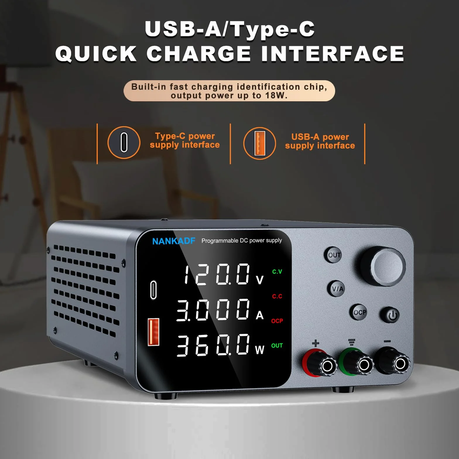 Zasilacz laboratoryjny 120V 3A prądu stałego z USB-A/Type-C i kontrolą kodera