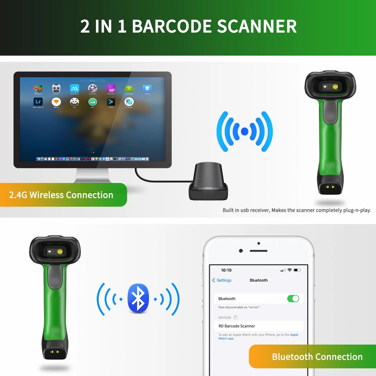 NETUM Przemysłowy Skaner Kodów Kreskowych 2D QR Bluetooth NT-1950 Bezprzewodowy Czytnik 2600mAh