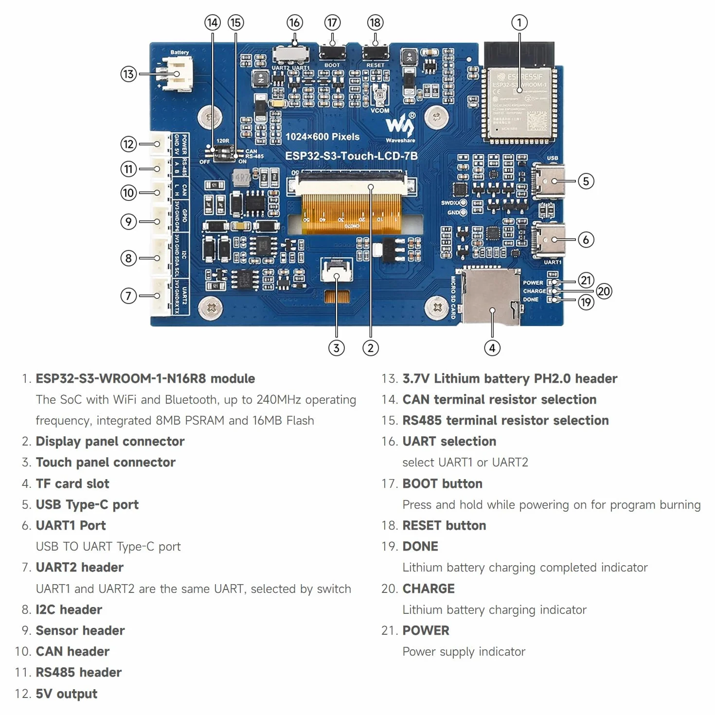 Waveshare ESP32-S3 Development Board 7inch LCD 1024x600 Touch Wi-Fi BT
