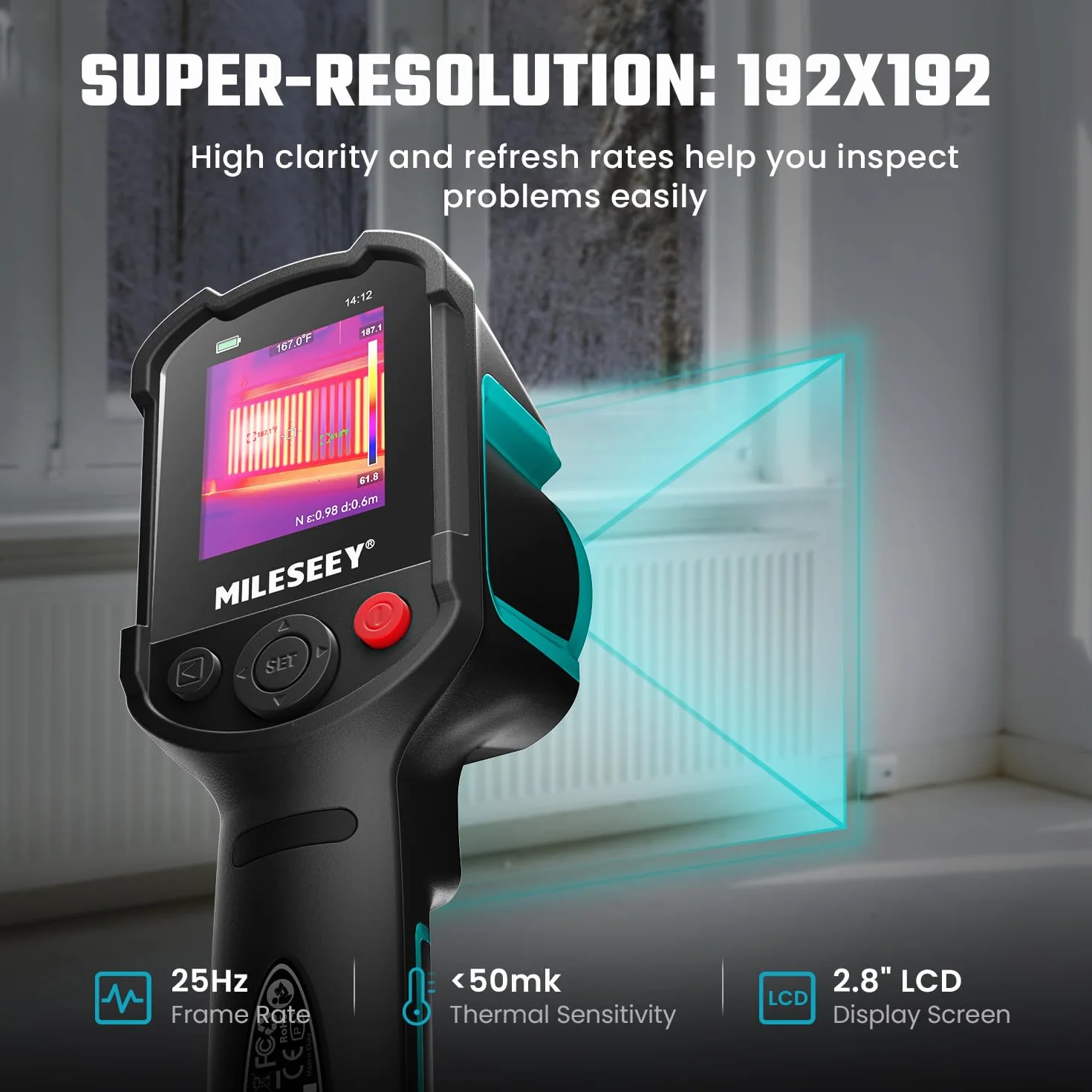 MiLESEEY TR10 kamera termowizyjna, super rozdzielczość 192 x 192, profesjonalna kamera termowizyjna, częstotliwość odświeżania 25 Hz, kamera termiczna od -4°F do 1022°F, czas pracy baterii przez 8