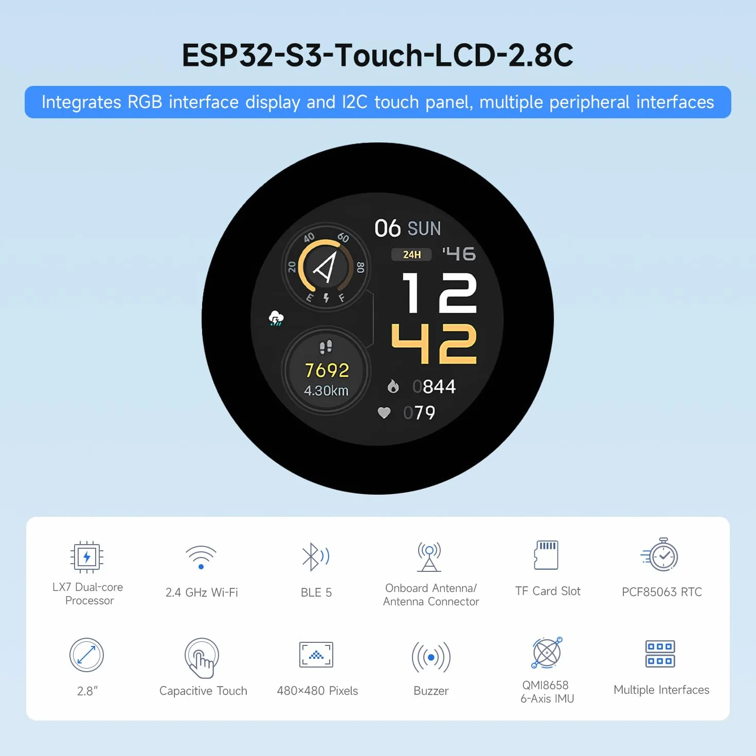 Waveshare ESP32-S3 2.8inch Capacitive Touch Round Display Development Board, 480x480, 32-Bit LX7 Dual-Core Processor, Supports WiFi & BT, ESP32 With Display