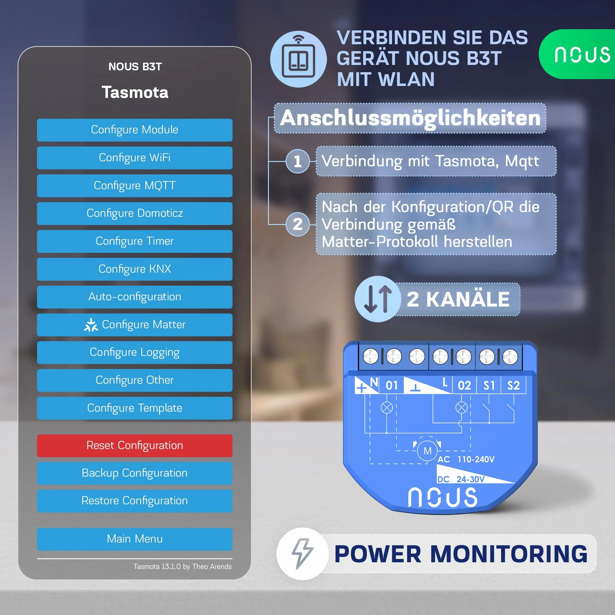NOUS Moduł przełączający WiFi Tasmota 16A 2 kanały z pomiarem mocy ESP32 czujnik temperatury Matter MQTT