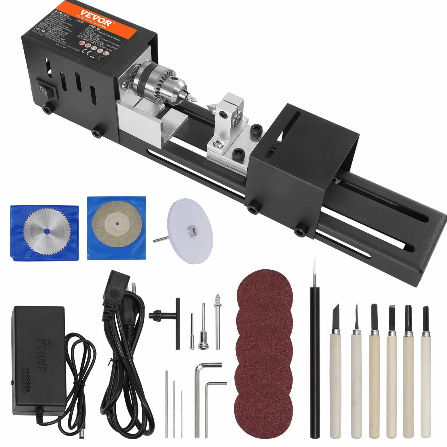 VEVOR Mini tokarka do drewna 70 x 160 mm 24 V 96 W 7-biegowa 350