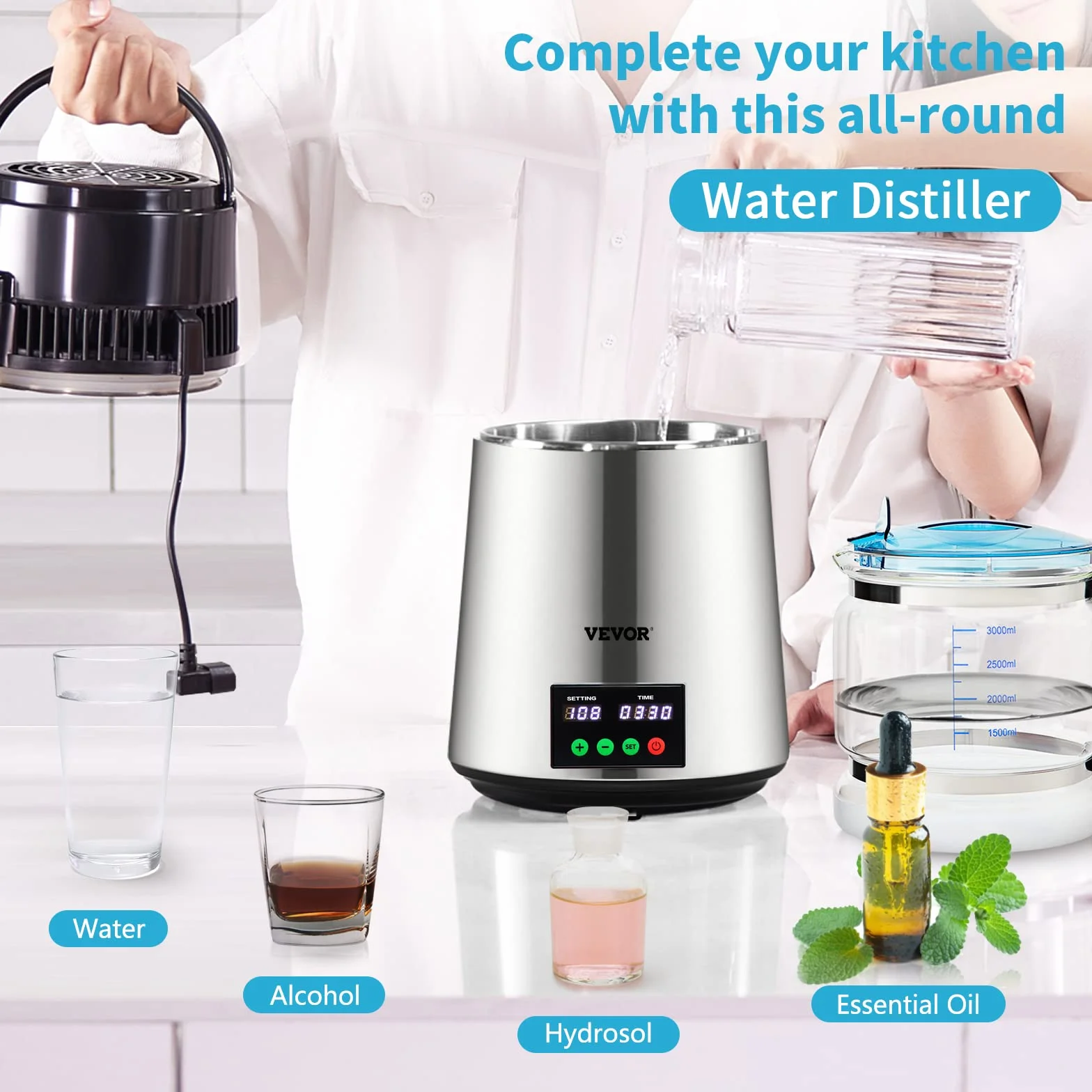 VEVOR destylator wody, pojemność rury: 4 l, 750 W, destylator wody 1 l/h, ze szklanym zbiornikiem ze srebra, do kuchni, biura, laboratorium, szpitali, kliniki dentystycznej itd.