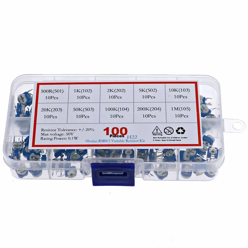 DollaTek 100 szt. 10 warto?ci (500~1 om) RM065 wst?pnie ustawiona folia w?glowa poziomy potencjometr trimpot zestaw asortyment z pude?kiem do przechowywania