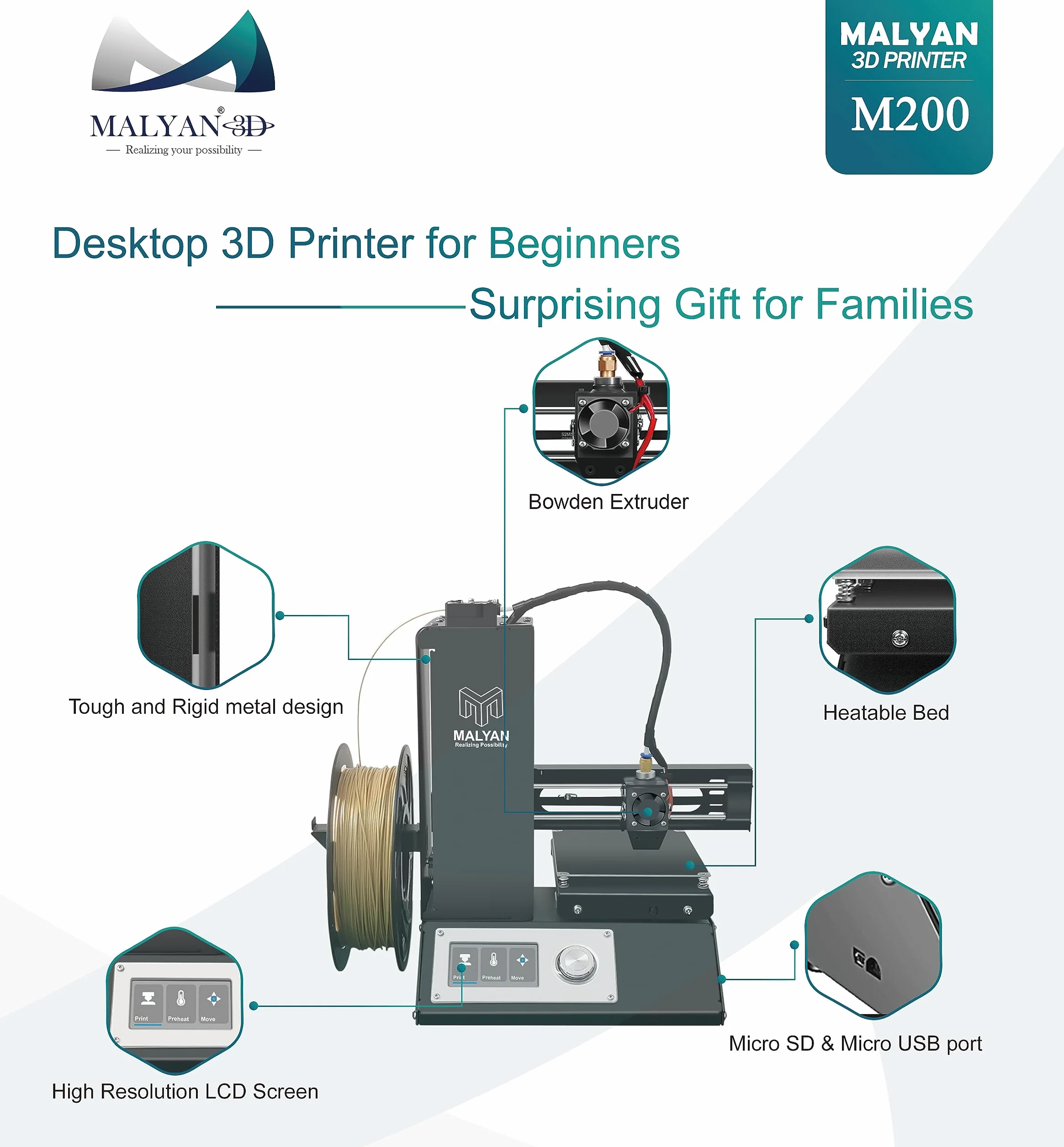MALYAN M200 Mini drukarka 3D 120 x 120 x 120 mm dla dzieci i początkujących