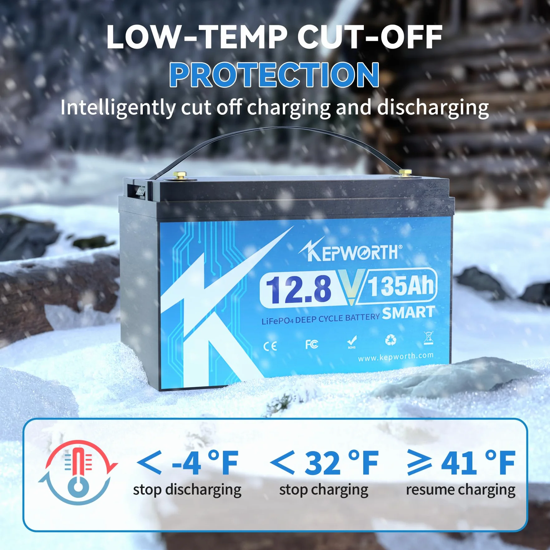 KEPWORTH LiFePO4 135 Ah 12,8 V bateria litowa Bluetooth 100 A BMS, 4000-15000 cykli Deep Cycle, idealny zamiennik akumulatorów kwasowo-ołowiowych do kamperów, na kemping, do solarnych, łodzi