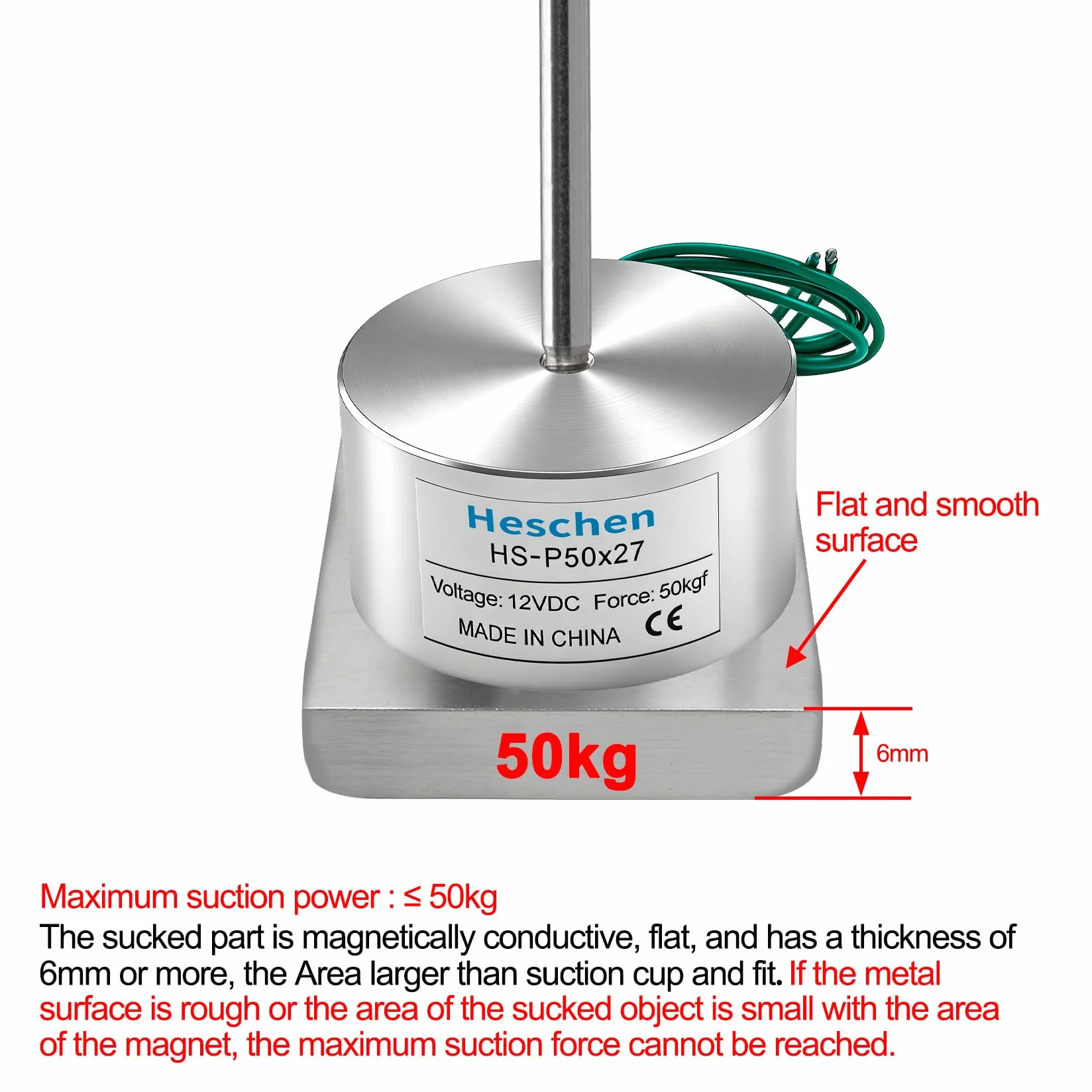 Heschen Elektromagnes P50/27, 12 V, 50 kg, stal nierdzewna, cylindryczny, srebrny