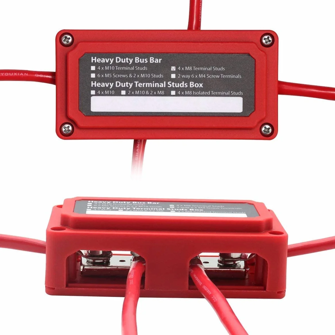 12 V DC Busbar 300A 48 V z 4 śrubami M8, blok rozdzielacza prądu, akumulator Heavy Duty Busbar do samochodu, morskiego, solarnego RV, czerwony, czarny, 2 opakowania