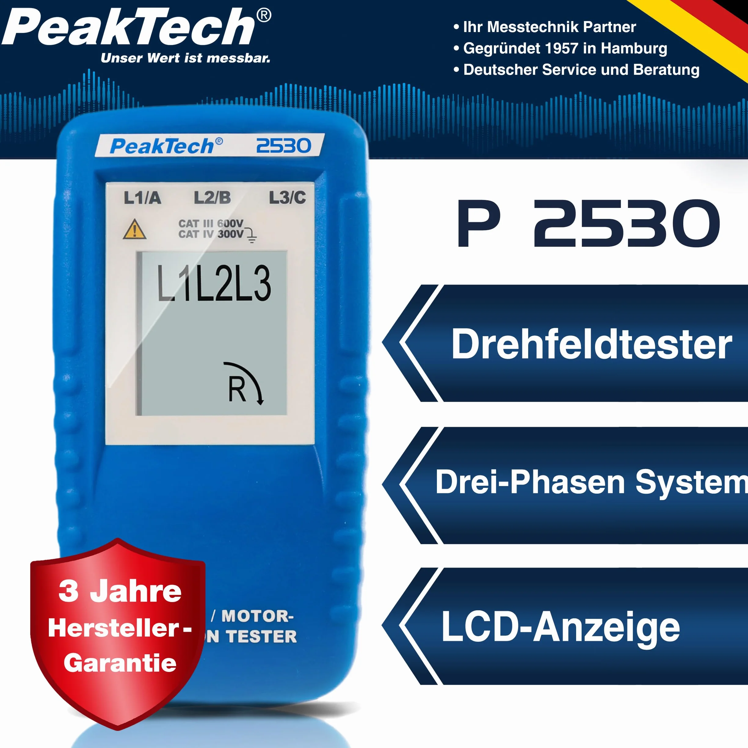 PeakTech P 2530 3-fazowy wskaźnik kierunku obrotów z wyświetlaczem LCD