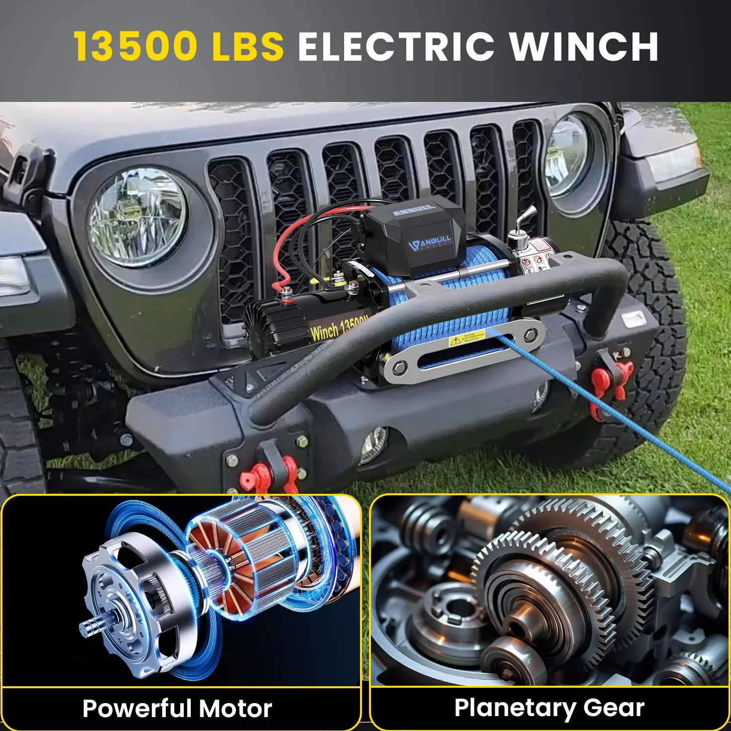 Anbull Wciągarka elektryczna 12V 13500 lbs 6136 kg, lina nylonowa, wodoodporny IP67, do quadów SUV ciężarówek