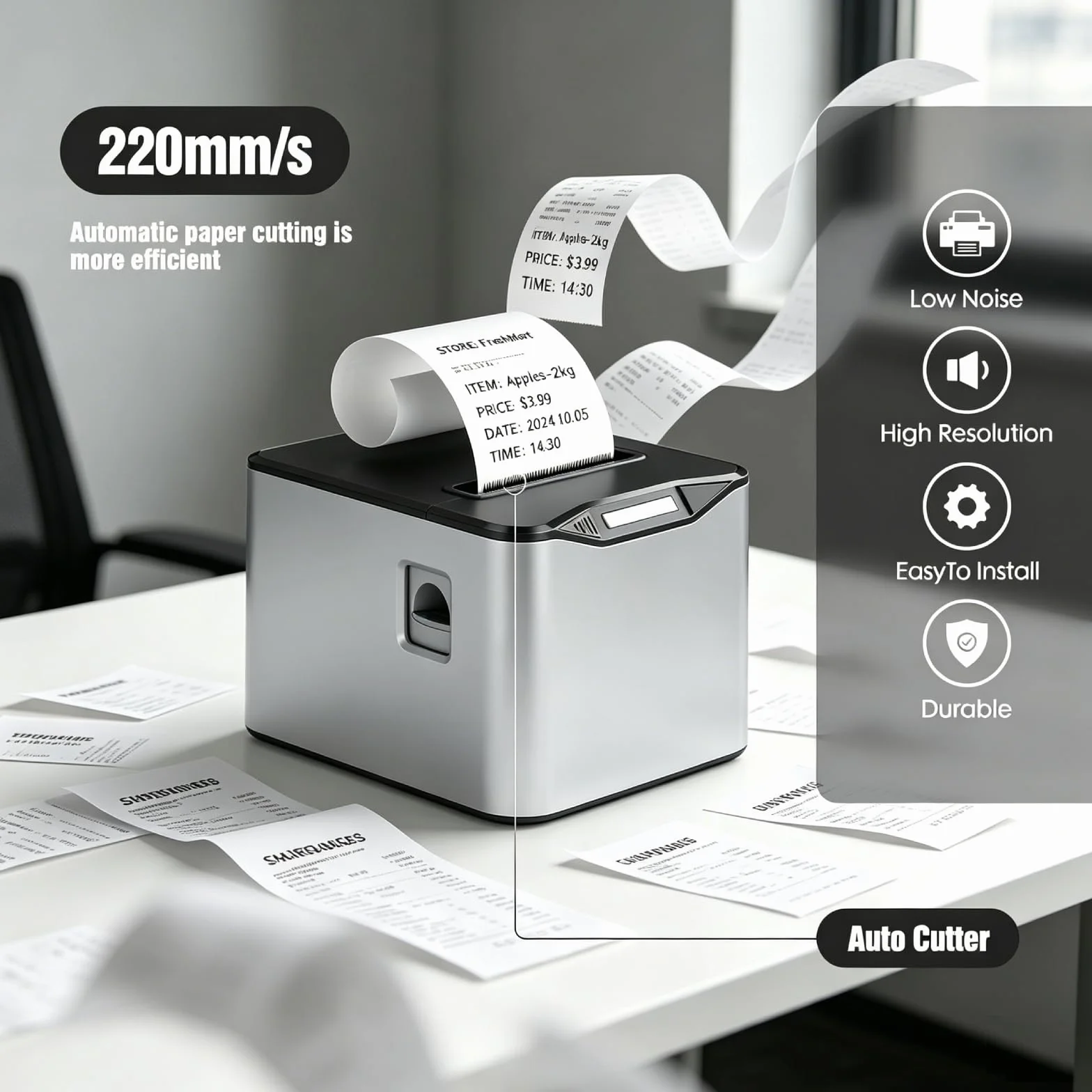 Bisofice Drukarka termiczna 80 mm ESC/POS automatyczne cięcie 220 mm/s USB Ethernet POS-8370